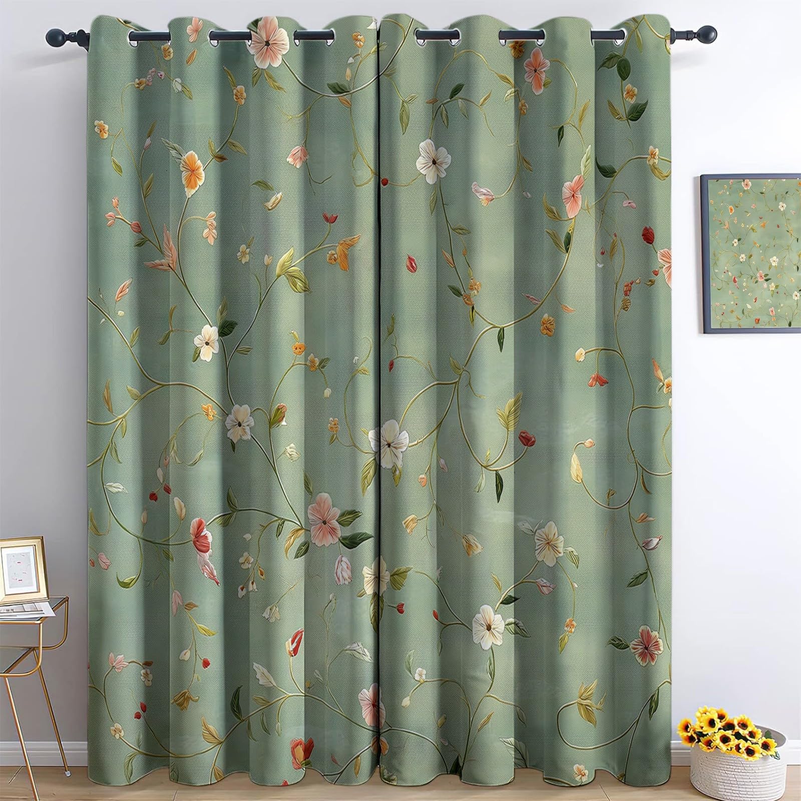 Vorhänge Gardinen Verdunkelung Blickdicht mit Ösen für Schlafzimmer H215 x B110 cm (2er Pack) Popular Elegante Und Zarte Blüten Bedruckte Vorhänge Vorhang für Wohnzimmer Schlafzimmer Dekor Hellgrün