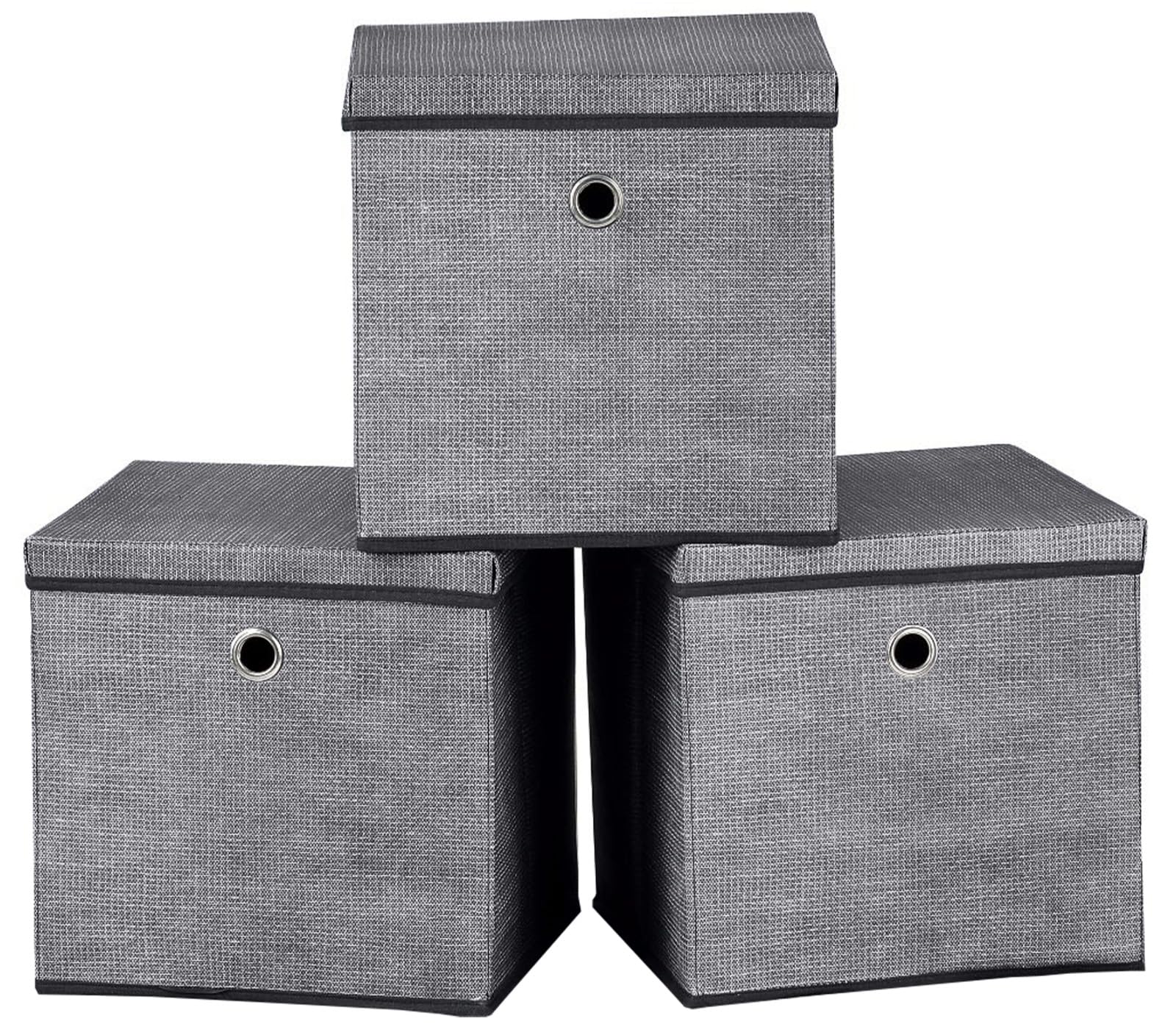 A406 Foldable Storage Cube Boxes Set of 3 Fabric Storage Boxes with Lids, Space Saving Fabric Cube Storage Boxes for Clothes, Toys, Storage Organiser (Black, 25x25x25cm)
