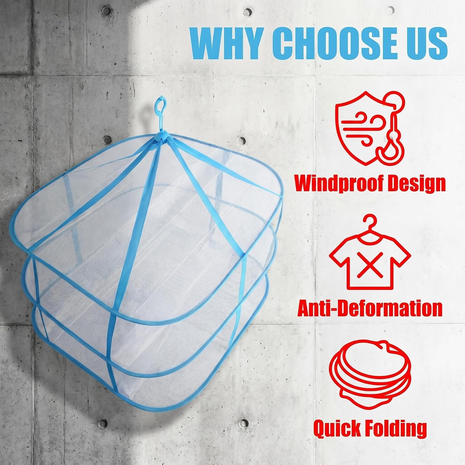 2-3 Tier Foldable Stackable Mesh Clothes Drying Rack | Windproof Hanging Dryer Basket w/Fixing Band | Indoor & Outdoor Portable for Sweaters, T-Shirts, Swimsuits, Underwear (3 Tier)