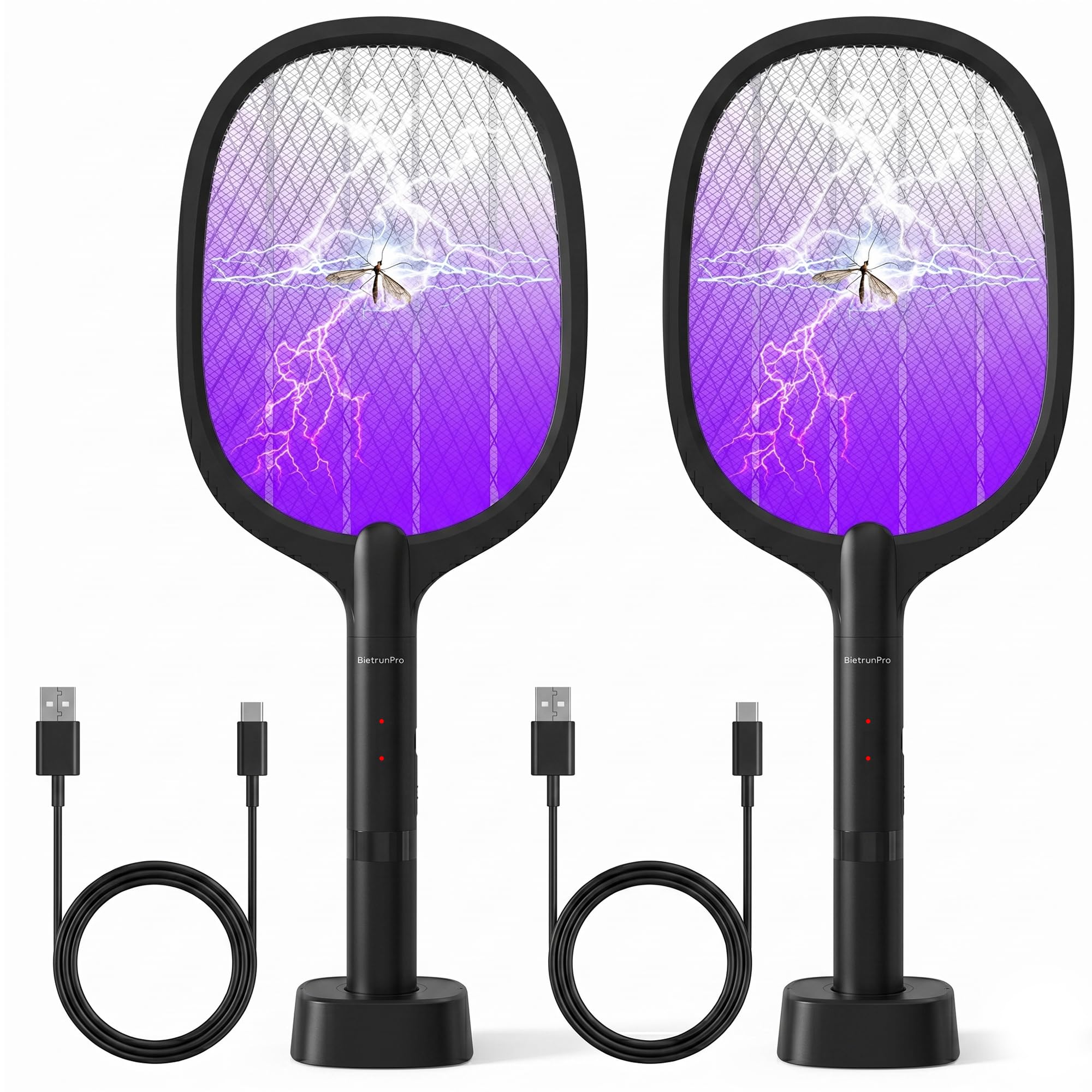 Matamoscas eléctrica (paquete de 2) raqueta matamoscas eléctrica recargable por USB-C, portátil, inalámbrica, para matar mosquitos, avispas, mosquitos, moscas, insectos, con soporte