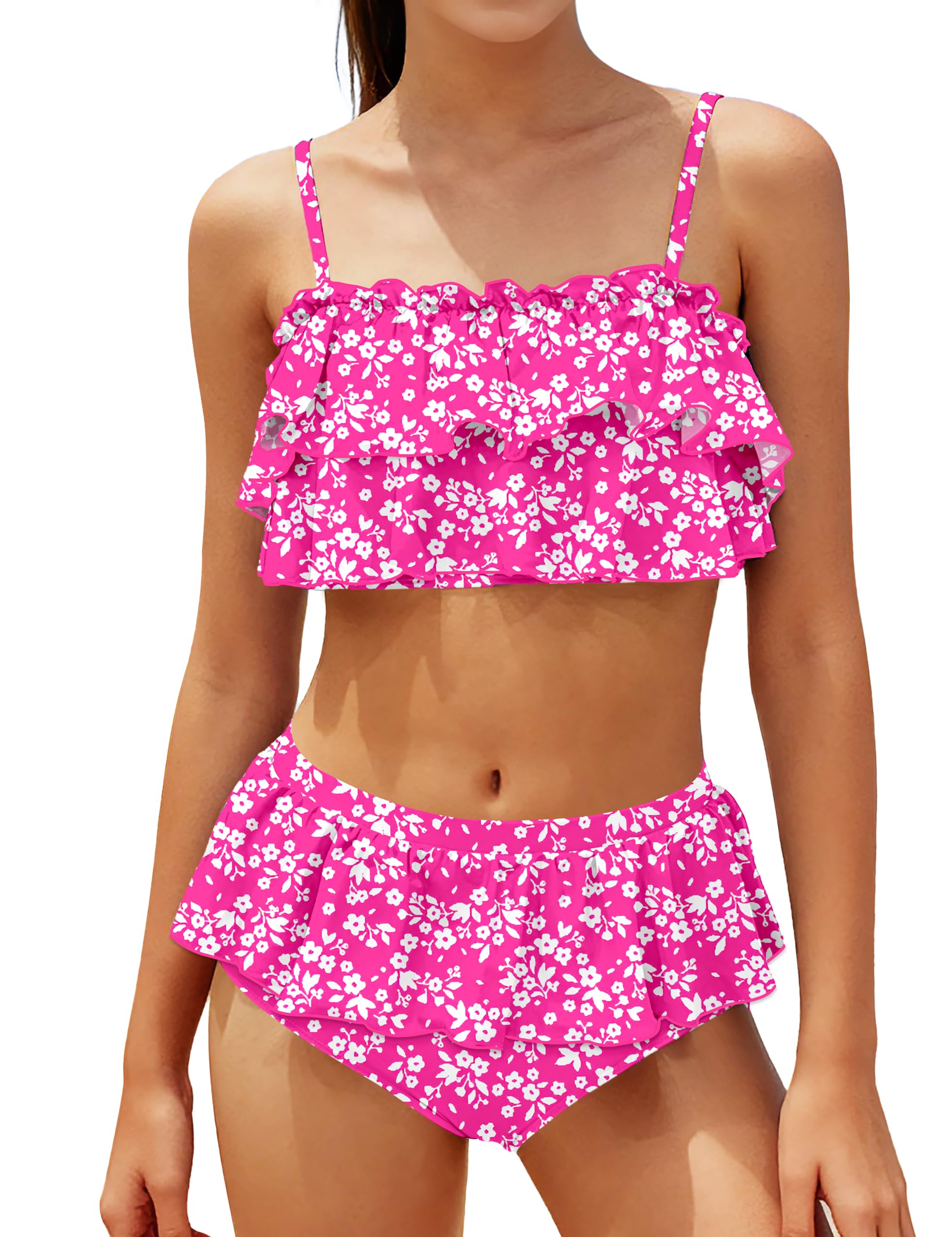 NAPU Girls Swimsuit Color Block Tankini Swimsuit Quick Dry 2 Piece Bathing Suit for Girls 9-16 Years Teens Swimwear Summer