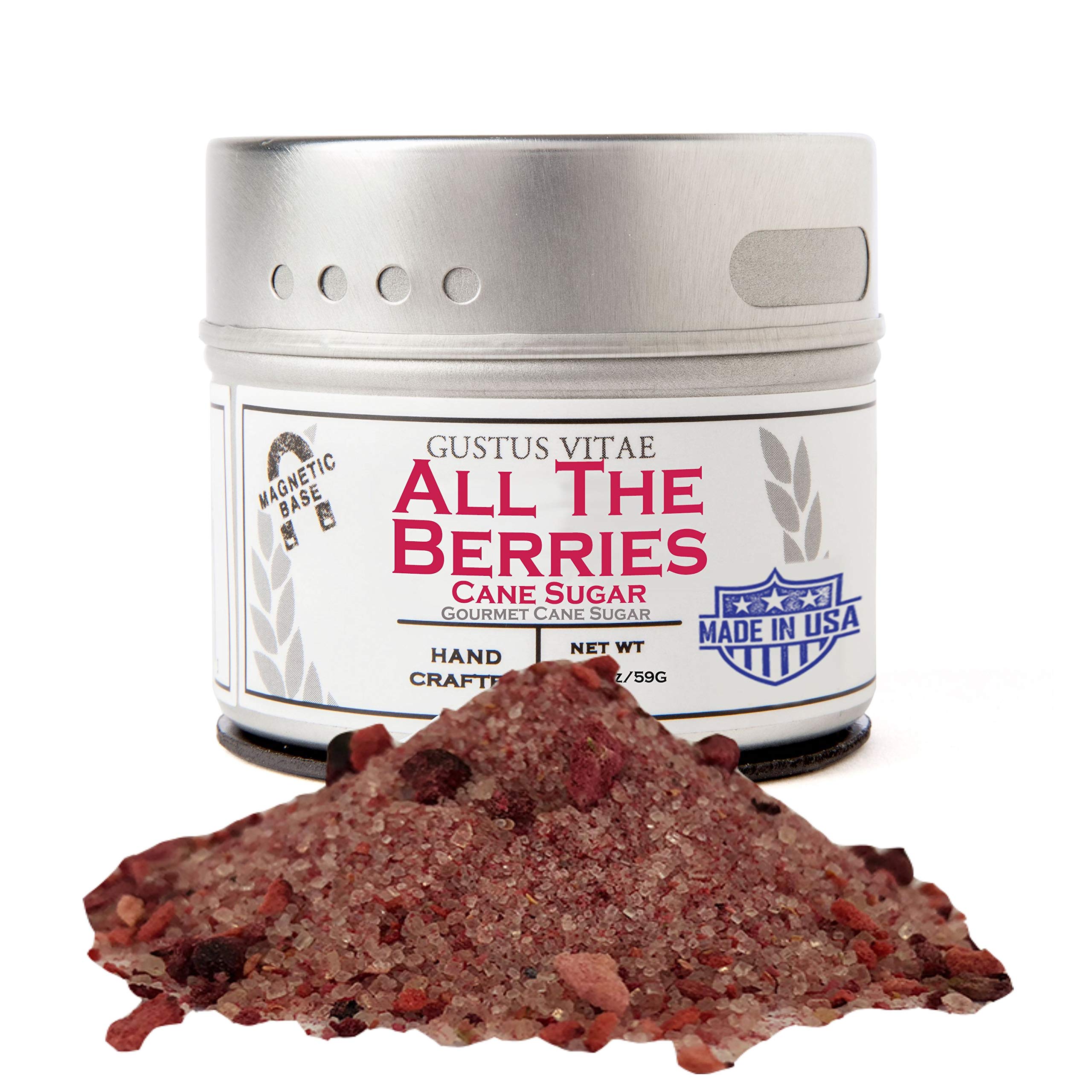Gustus VitaeAll The Berries Cane Sugar - Artisanal Infused Sugar - 1:1 Replacement For Plain Sugar - Gourmet Sweetener - All Natural - Small Batch - Magnetic Tin