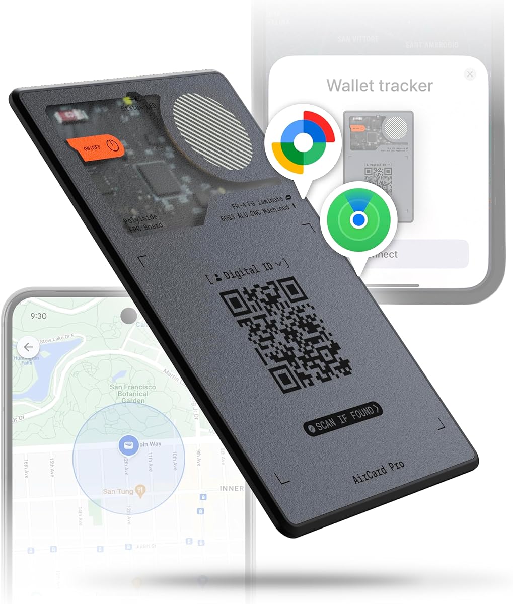 Rolling Square AirCard Pro Dual - Bluetooth Wallet Tracker - Compatibile with Both Apple iOS Find My and Google Android Find Hub – Wireless Charging, Anti-Loss Card – Smart Locator, Gray