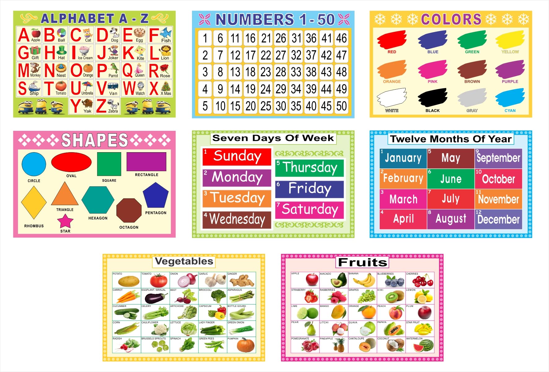 Alphabets, Numbers, Weekdays, Months, Colors, Shapes, Vegetables & Fruits Educational Posters/Charts for Preschool Kids, Learning Toy for Toddler- (Paper, 12 x 18-inch, Multi) - Set of 8
