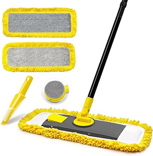 Trapeador de polvo con almohadillas de microfibra y chenilla, mopa plana seca y húmeda para limpiar madera dura, azulejos, vinilo, cocina, baño,