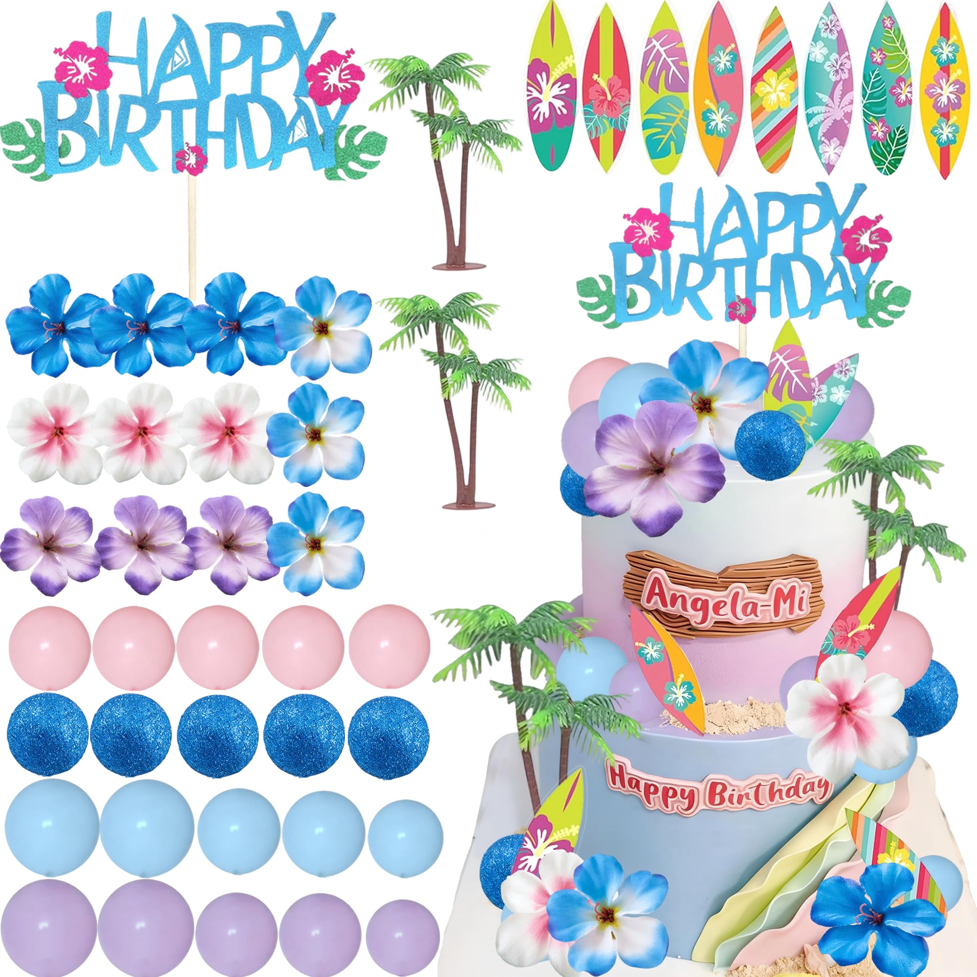 Tyotrbs 20pcs Tropical Cake Toppers, Palm Leaves and Hibiscus Flower, Summer Tropical Cake Decoration, for Hawaiian Themed Birthday Party Holiday Supplies