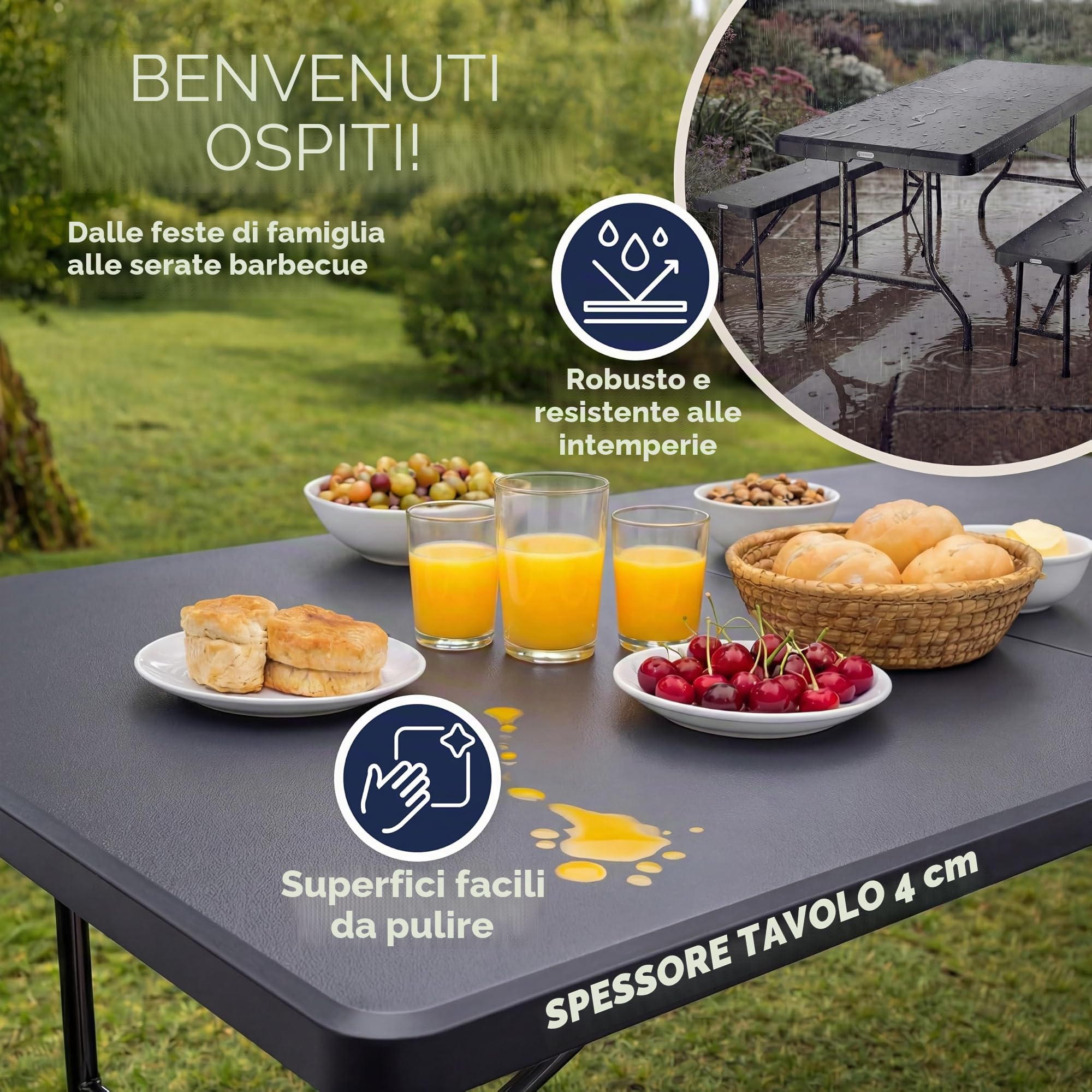 Casaria® Set da Birreria Pieghevole in Plastica con Maniglia Tavolo 2x Panca 3 Pezzi 180cm Campeggio Giardino Sagra