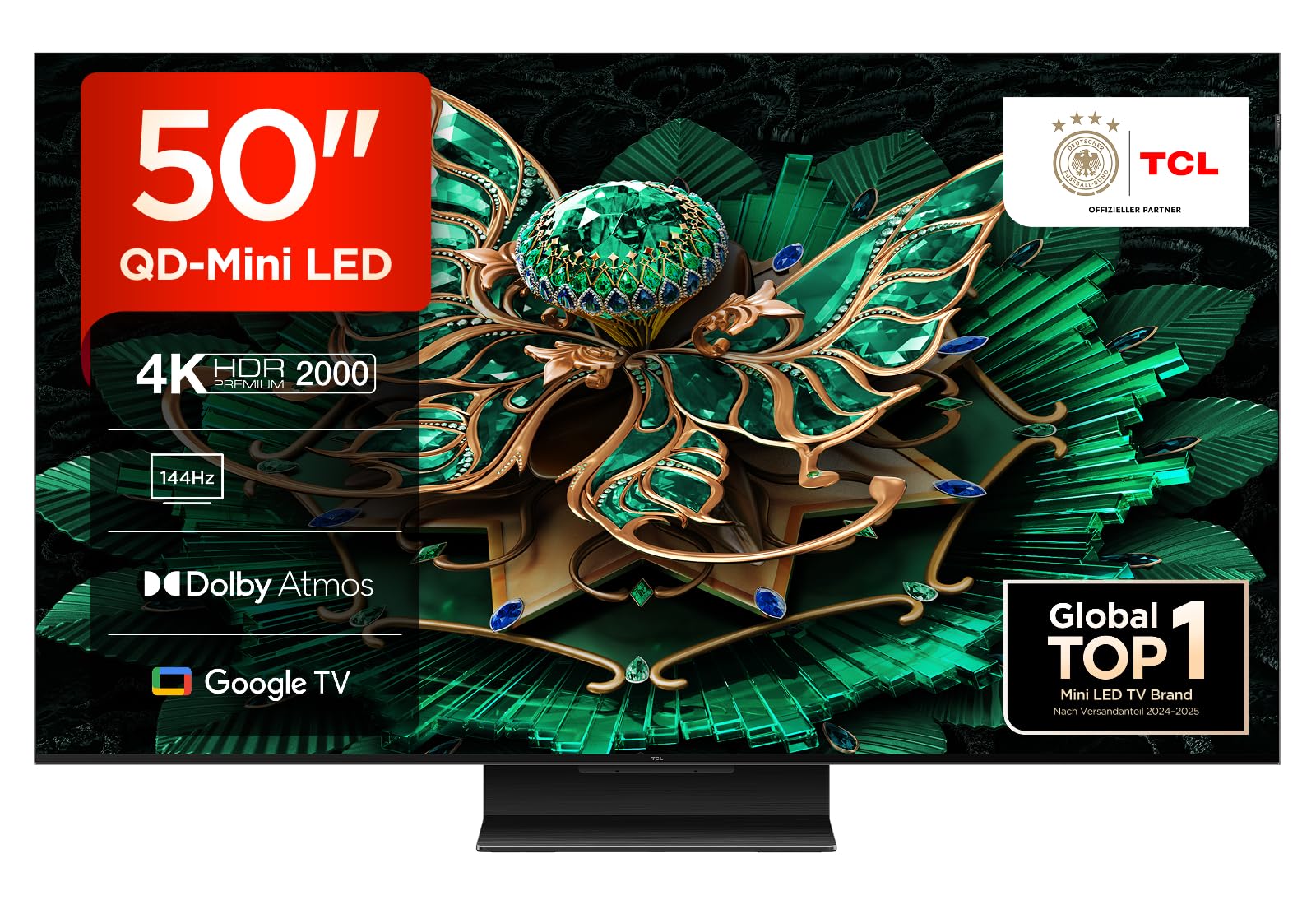 TCL 50C7K 50 Zoll QD-Mini LED Fernseher, 4K HDR Premium 2000, Smart Google TV mit 144Hz Motion Clarity Pro (Dolby Vision IQ & Atmos, HVA-Panel, Game Master)