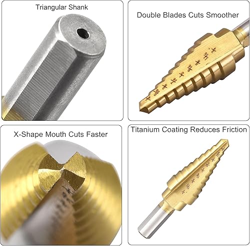 Miniatura 3 de uxcell Broca escalonada HSS4241 1/4" a 3/4" 9 tamaños flautas rectas vástago triangular para metal madera plástico