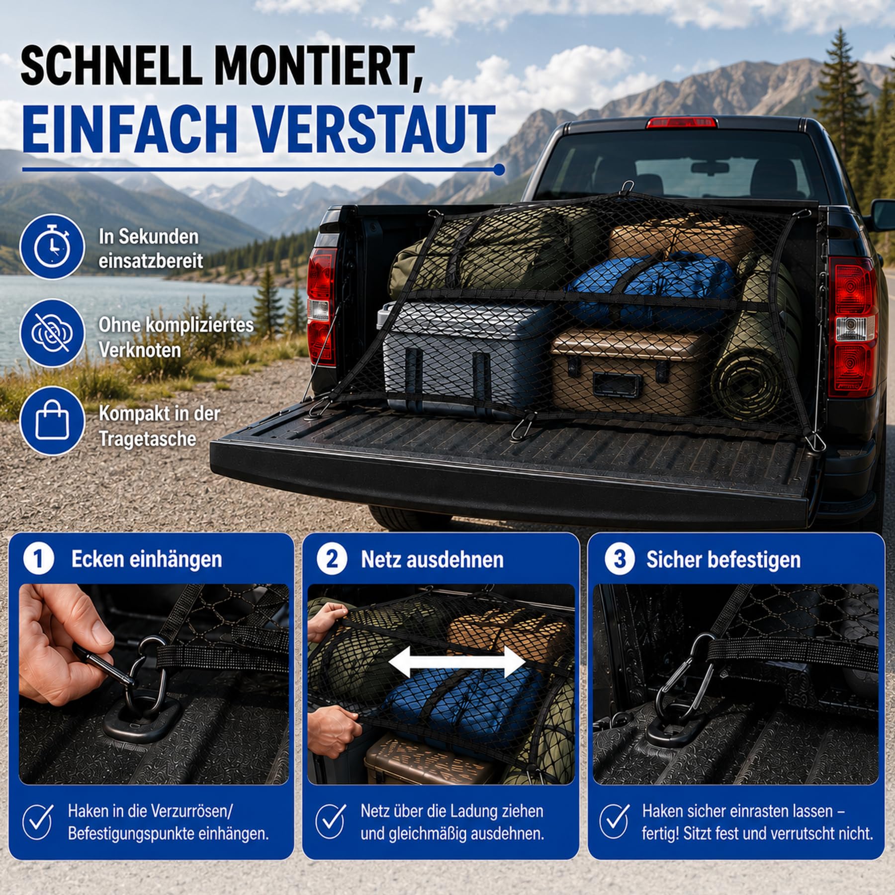Ladungsnetz für Pickup Truck und SUV, schwarz, Doppellagiges Gepäcknetz mit 8 Metallhaken, Transportnetz für ATV, Anhänger und Boot, 120x 120cm dehnbar bis 210x 210 cm