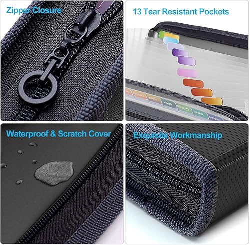 Miniatura 5 de MEGREZ Paquete de 2 carpetas de archivos de papel A4 con 13 bolsillos carpeta de archivos de acordeón organizador de archivos con cremallera
