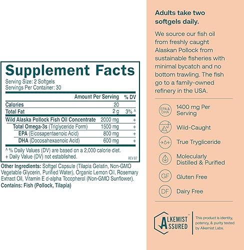 Miniatura 2 de True Grace Aceite de pescado omega-3 - 60 cápsulas blandas - 1400 mg de EPA + DHA - Salud cerebral, cardíaca, articular e inmunológica - Orgánico