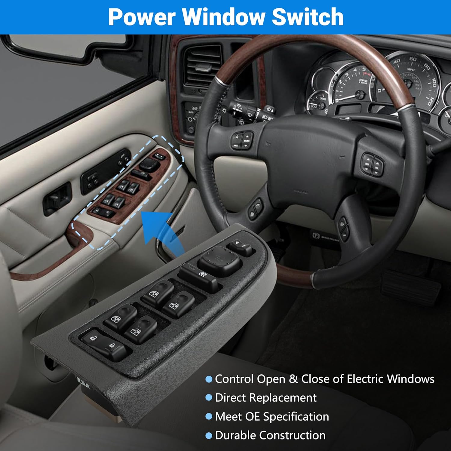 15883320 920-020 Front Left Driver Side Master Power Door Window Switch Controls with Bezel for 2003-2006 Chevy Silverado Avalanche Tahoe Yukon, for GMC Sierra 1500 2500 3500 Crew Cab