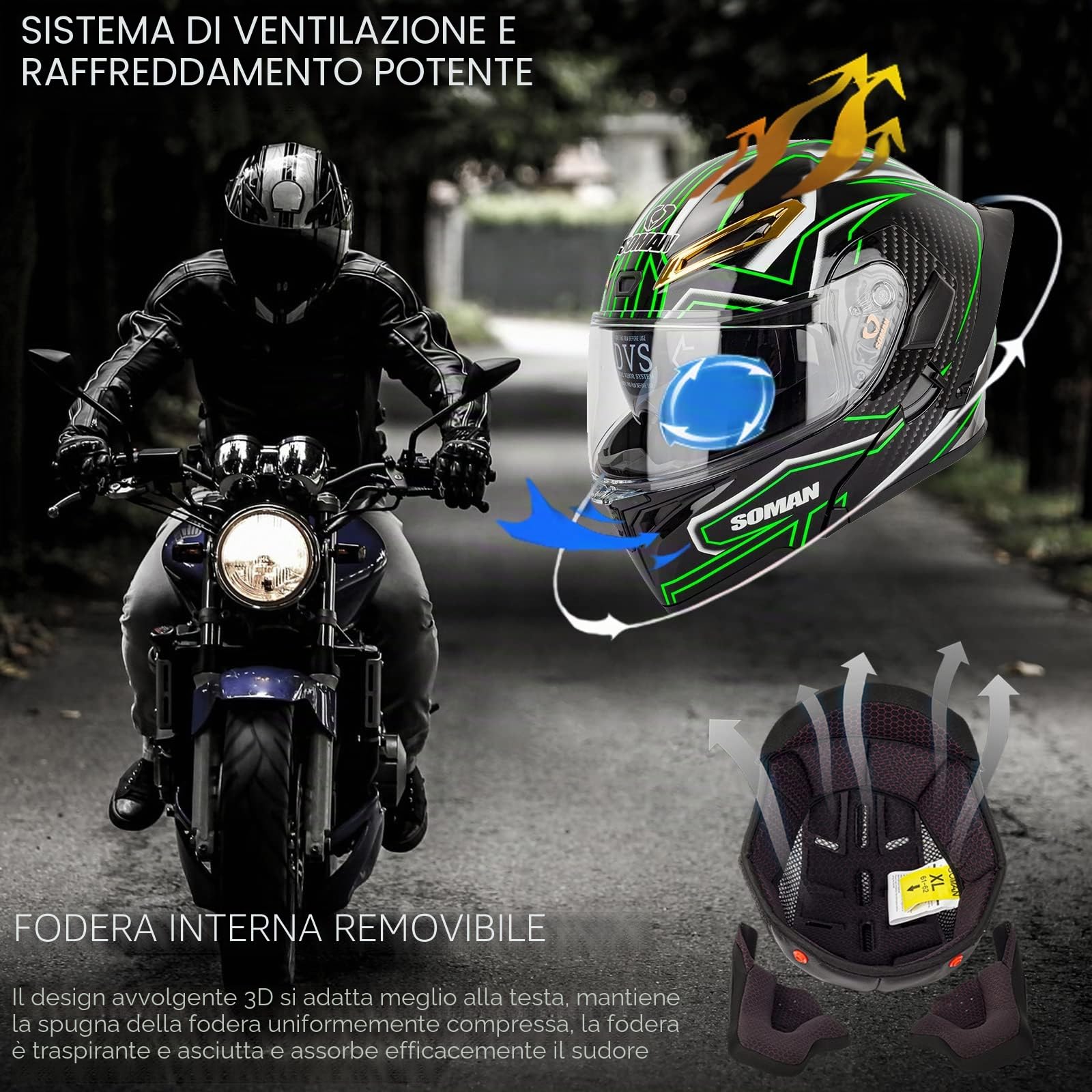 Casco Modulare Moto con Doppia Visiera Casco Moto Integrale Omologato ECE con Visiera Doppia Antigraffio Caschi Moto Modulari Uomo e Donna, Nero Verde-M