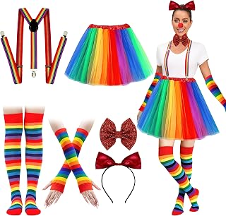 Rainbow Clown Costume Set for Women - Circus Outfit with Tutu, Socks, Gloves, Headband and Suspender for Halloween, Cosplay, Pride or Rainbow Day