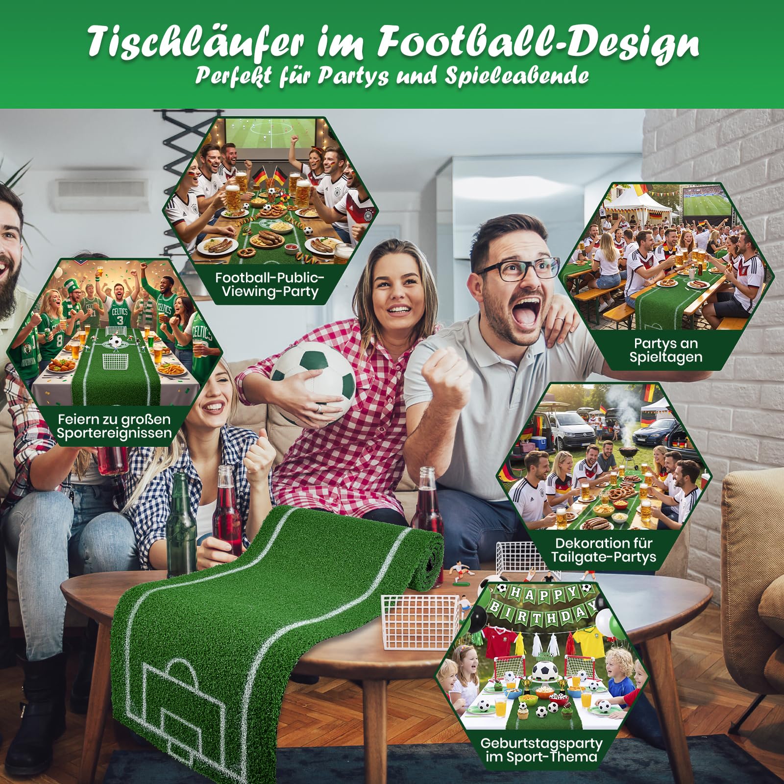 Sport Fußball Tischläufer Kunstrasen Tischdecke - 40 x 183 cm Tischläufer mit Mini Fußballmannschaft und Fussball, Grün Drinnen Draußen Tischdecken Tischdeko für Fußballparty Geburtstag Gartenparty
