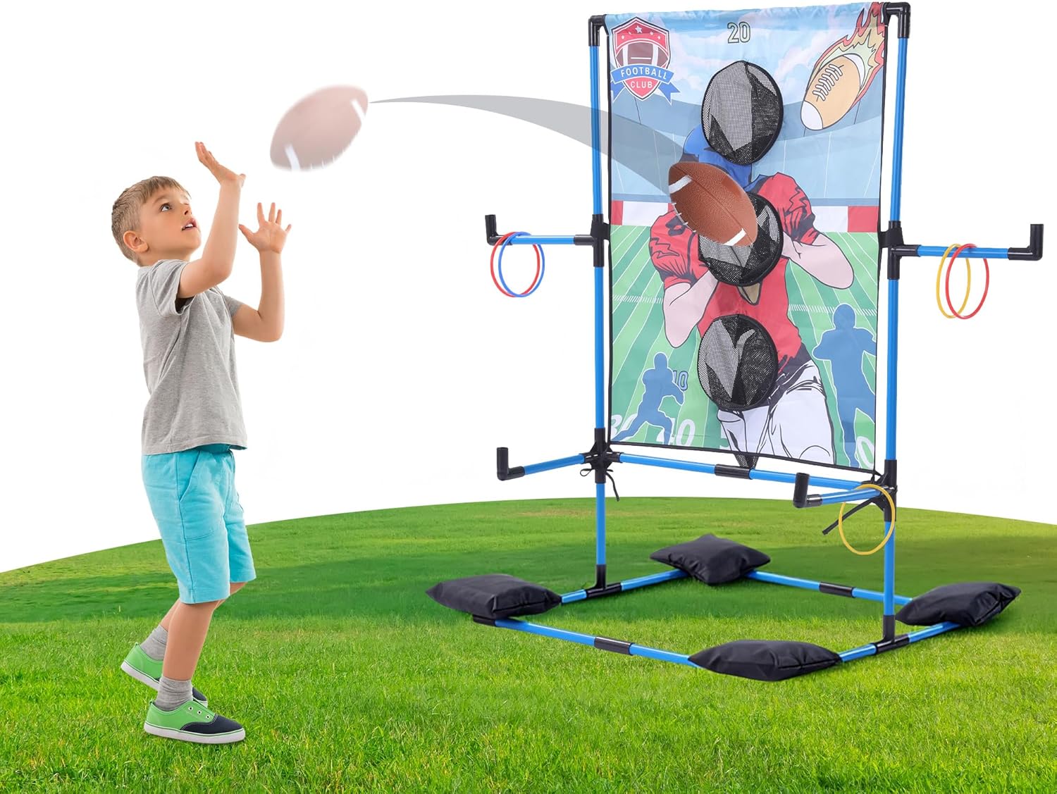 MABOZOO 2-in-1 Football Toss & Ring Toss Game Set for Kids, Dual Mode Indoor Outdoor Toys with 3 Inflatable Balls and 6 Rings, Football Throwing Target Games for Boys Girls 3-12