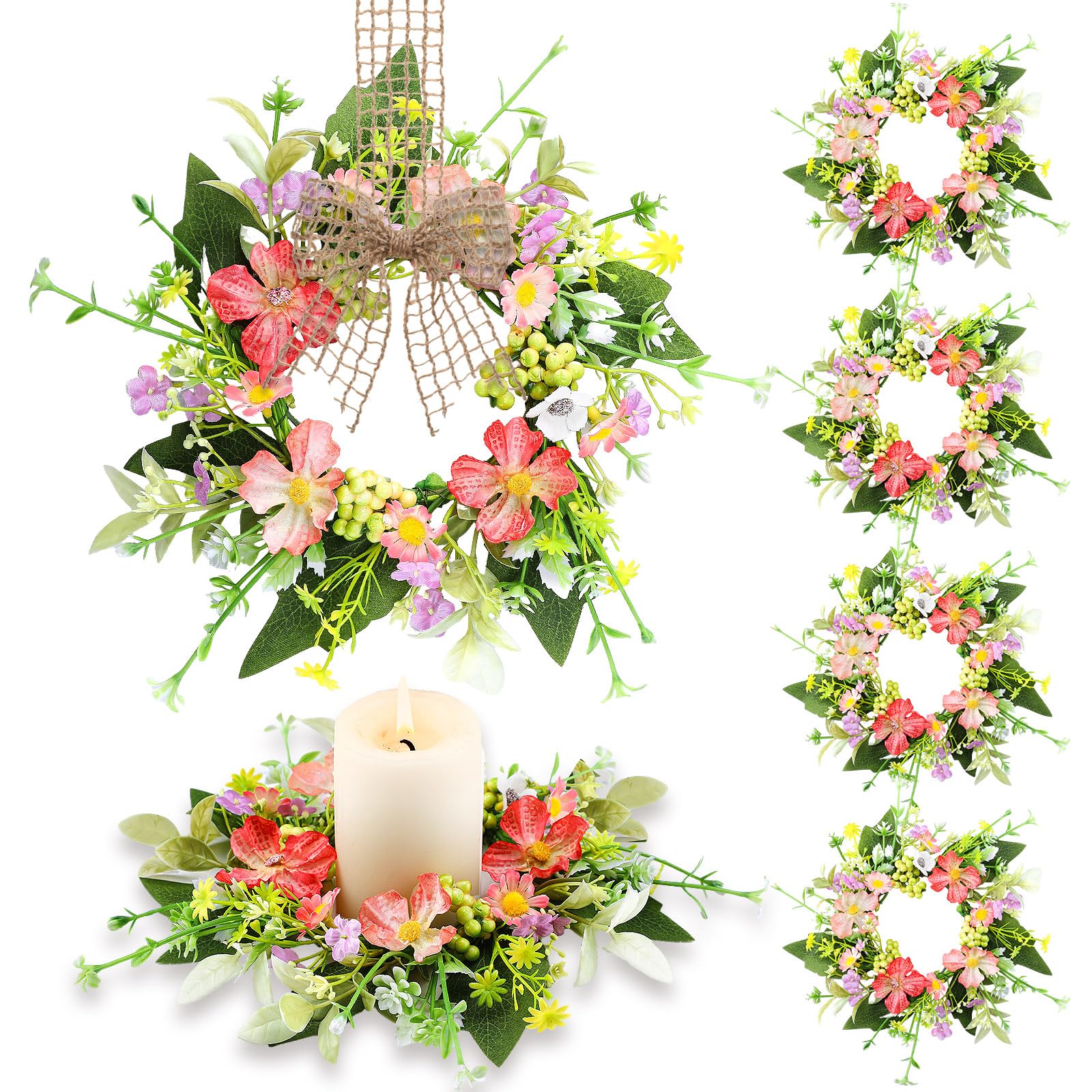 Jexine 8 Pack Mini Floral Candle Ring Wreaths