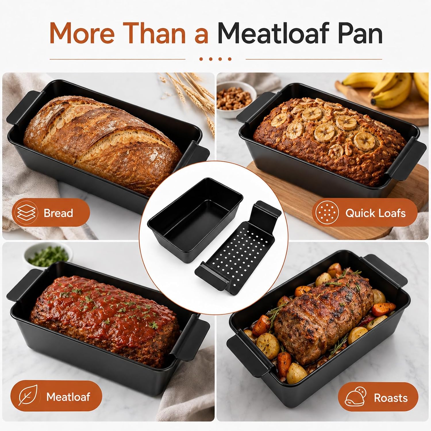 Meatloaf Pan with Drain Tray for Baking Bread, Cakes, 9.8 x 5.7 Inch