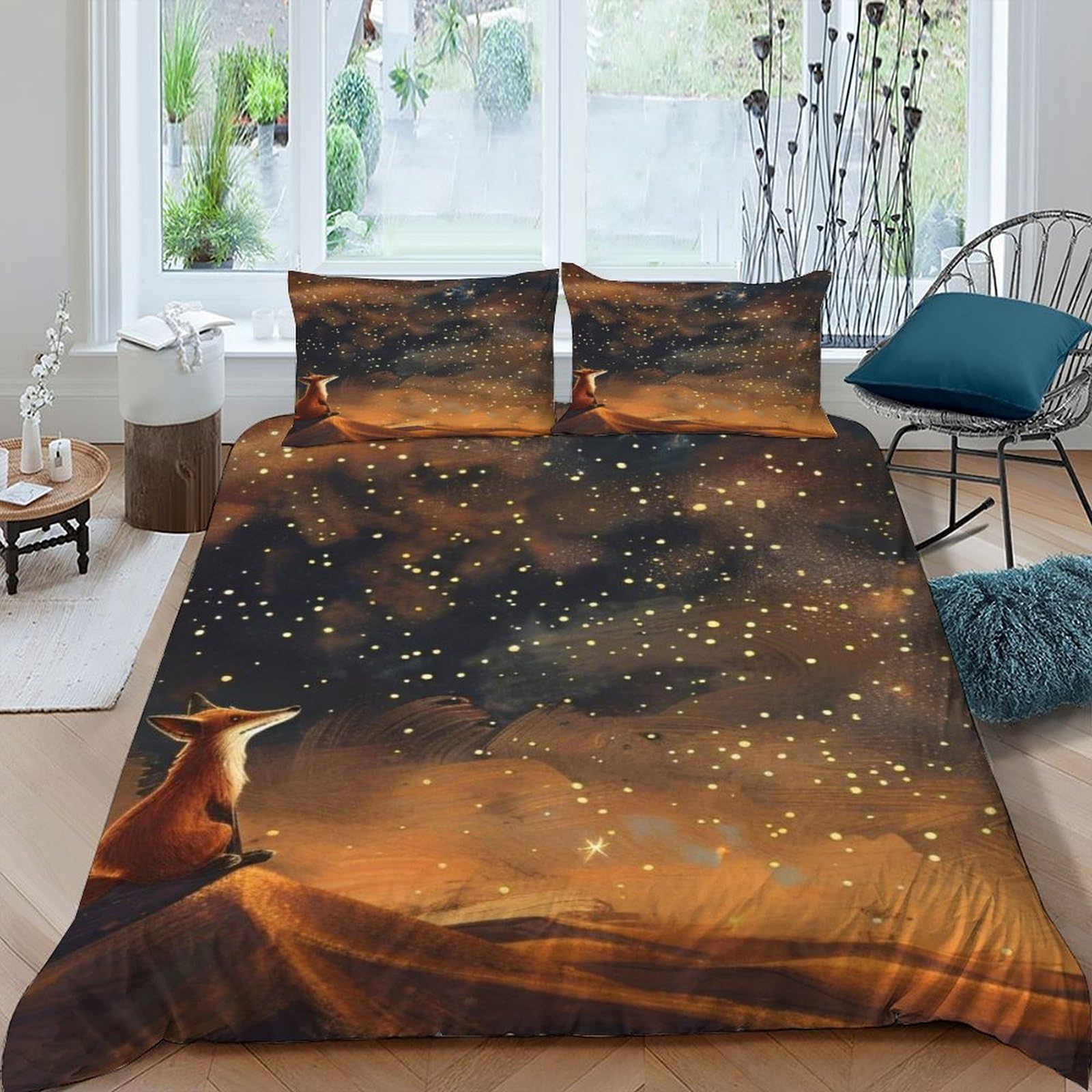 Fox Starry Sky Bedding Set 3D Digital Printing Animal Themes Wildlife Duvet Cover Set 3 Pieces Microfiber Quilt Cover Suitable for Family,couple,children with Pillow King（220x240cm）