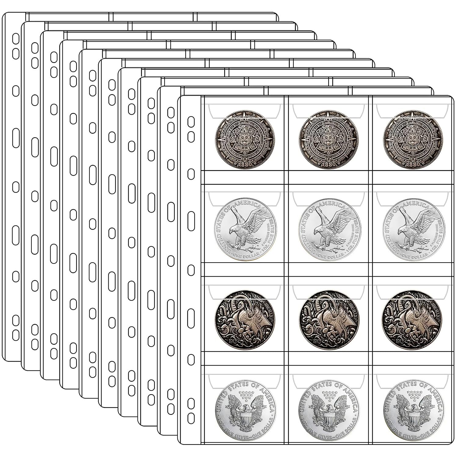 Ettonsun 10 Sheets Coin Pocket Pages Coin Flips Standard 9-Hole Coin Collecting Holders 120 Pockets for Most Sizes Coins