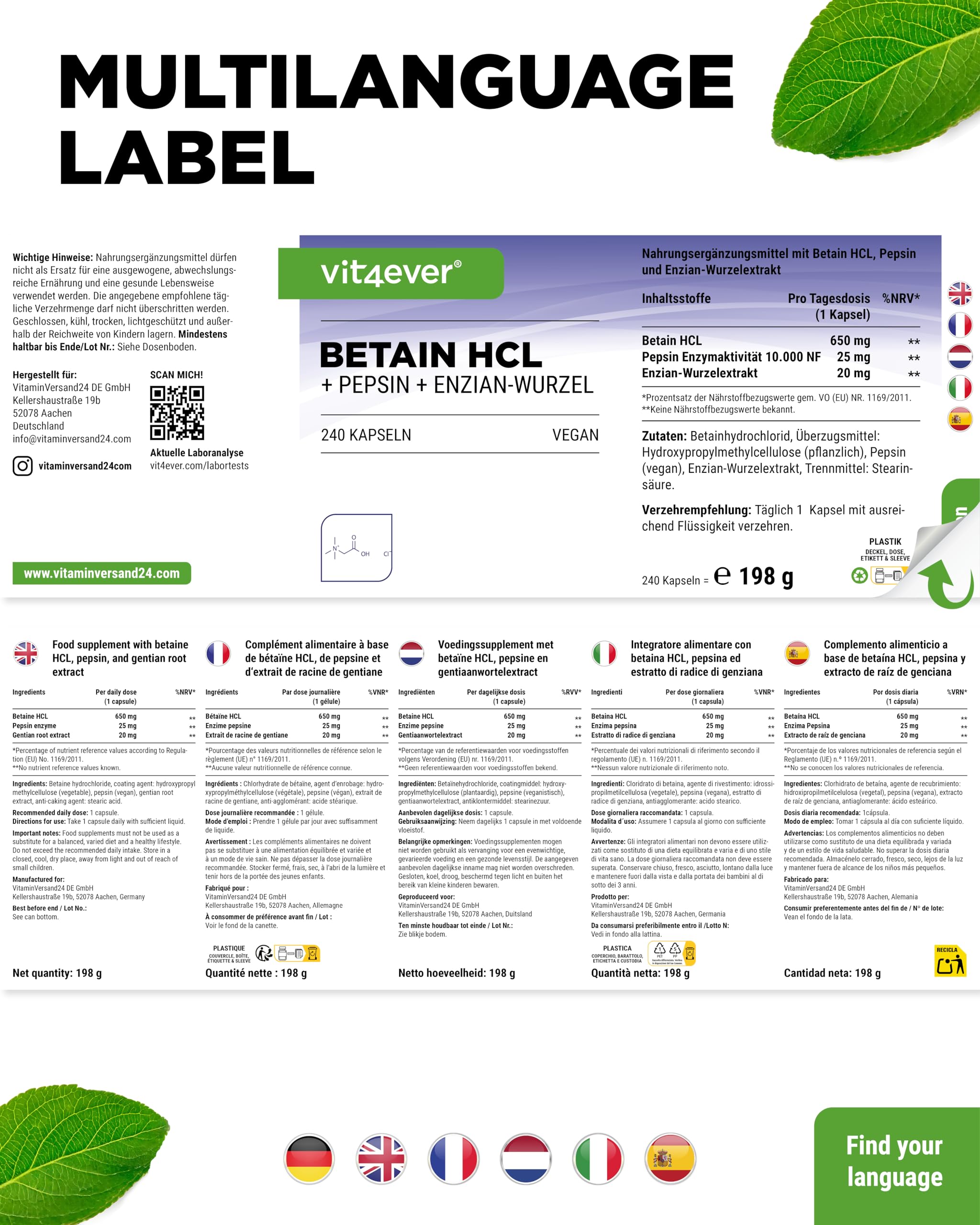 Betain HCL - 240 Kapseln mit 650 mg Betain HCL - Premium: Mit Pepsin & Bitterstoffe aus Enzian - Vollspektrum Enzym Kapseln - Hochdosiert - Laborgeprüft