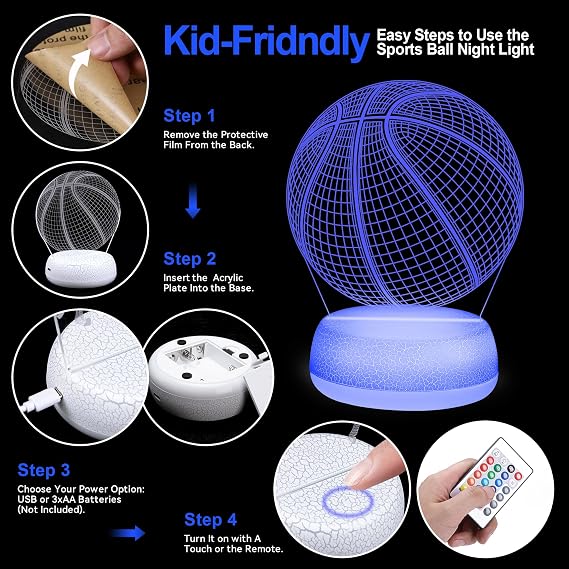 Sports Ball Night Light - 3D Acrylic 16 Color Changing Lamp with Basketball, Football, Soccer Ball Patterns & Remote, Amazing Gift for Boys Kids Sports Fans Birthday Christmas