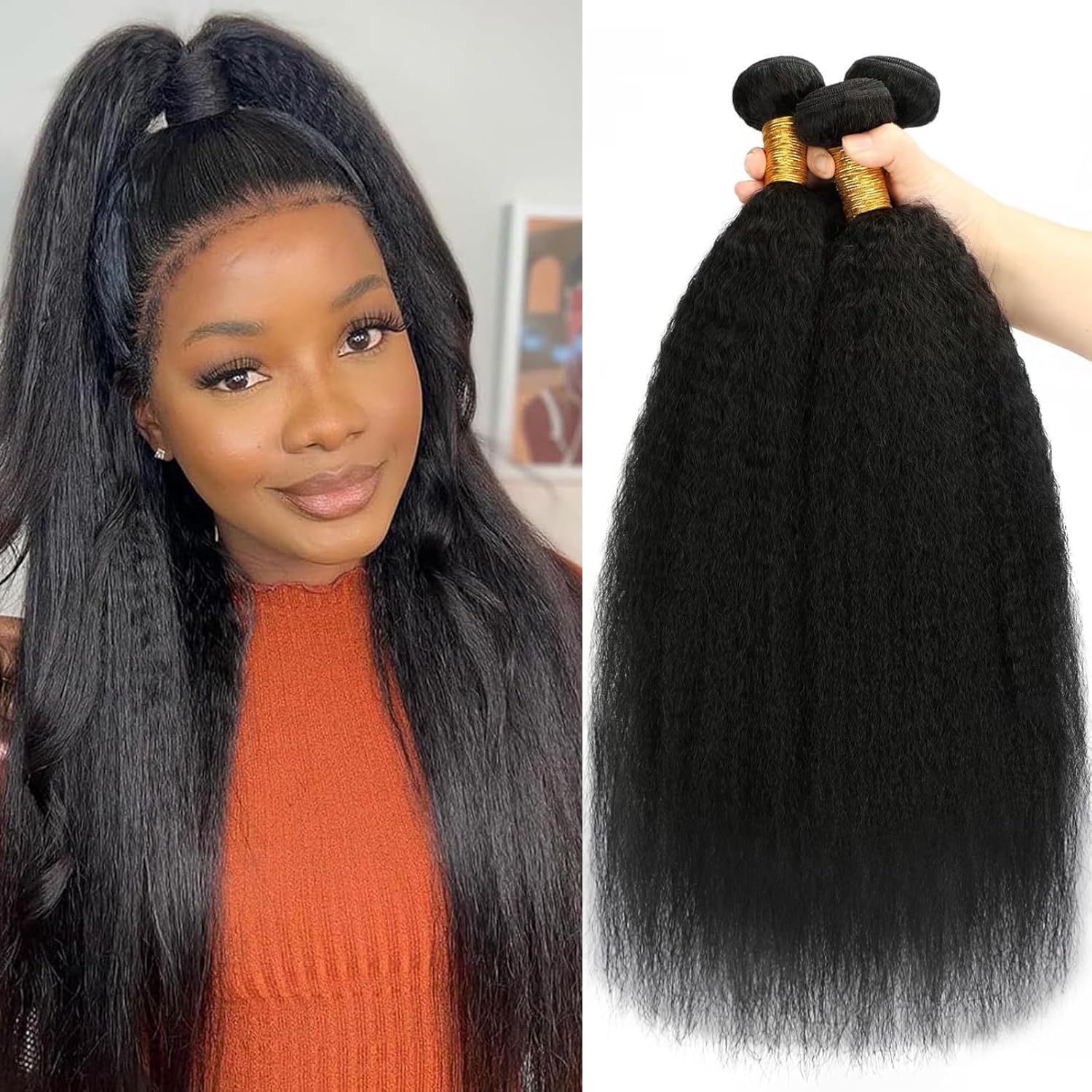 14 16 18 Inch Yaki Straight Bundles Human Hair Kinky Straight Human Hair Weave 3 Bundles 100% Unprocessed Brazilian Virgin Hair Yaki Straight Bundles Human Hair Extensions For Black Women