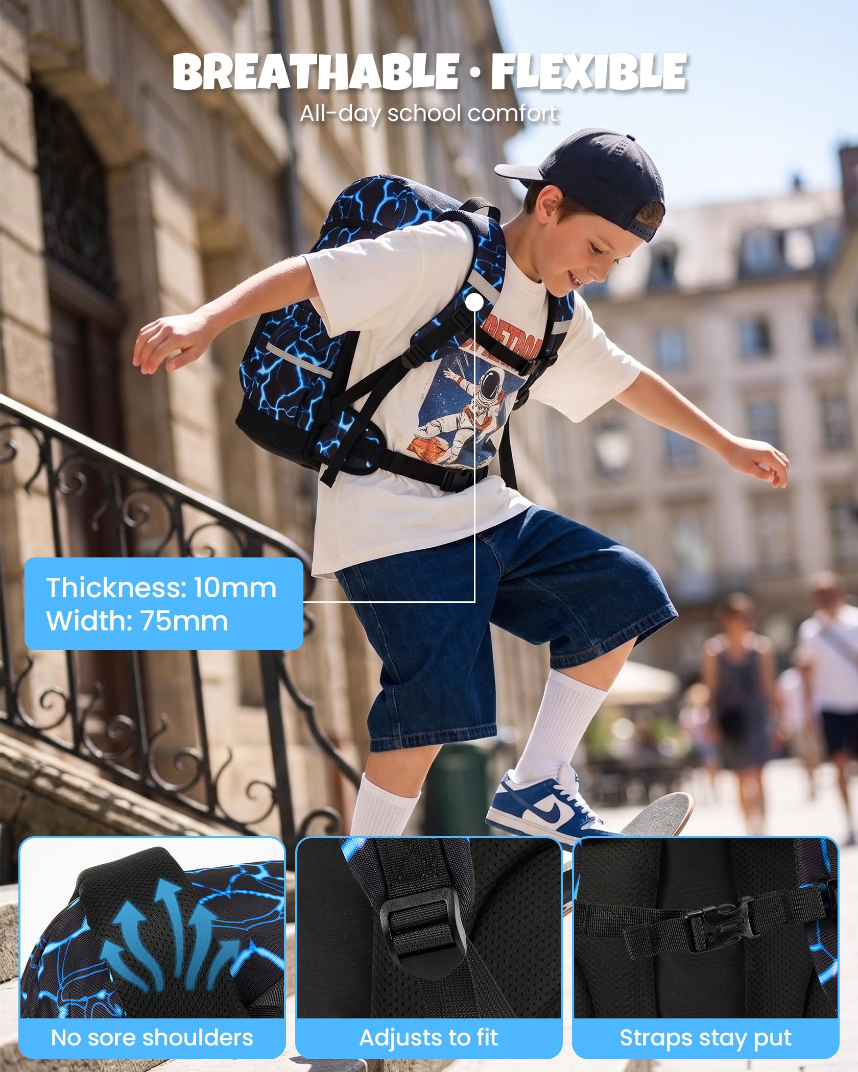 Amythe Ergo Zaino Ragazzo per 1ª-5ª Elementare, Spallacci Rimovibili | Zaino Bambino Ergonomico con Fascia Toracica, Strisce Riflettenti e Copertura antipioggia, Scuola e Attività all’aperto
