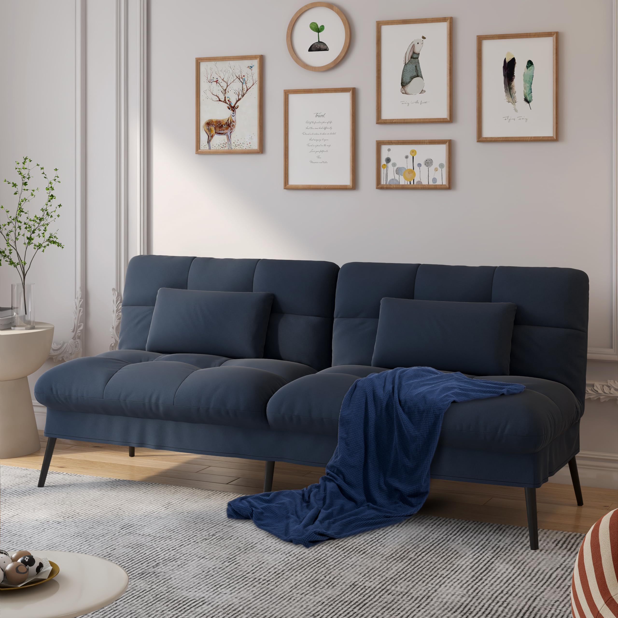 COMHOMA Convertible Sofa Bed,72″Fabric Couch with Adjustable Backrest,Loveseat Recliner Sleeper Living Room Furniture futon Set (Blue)