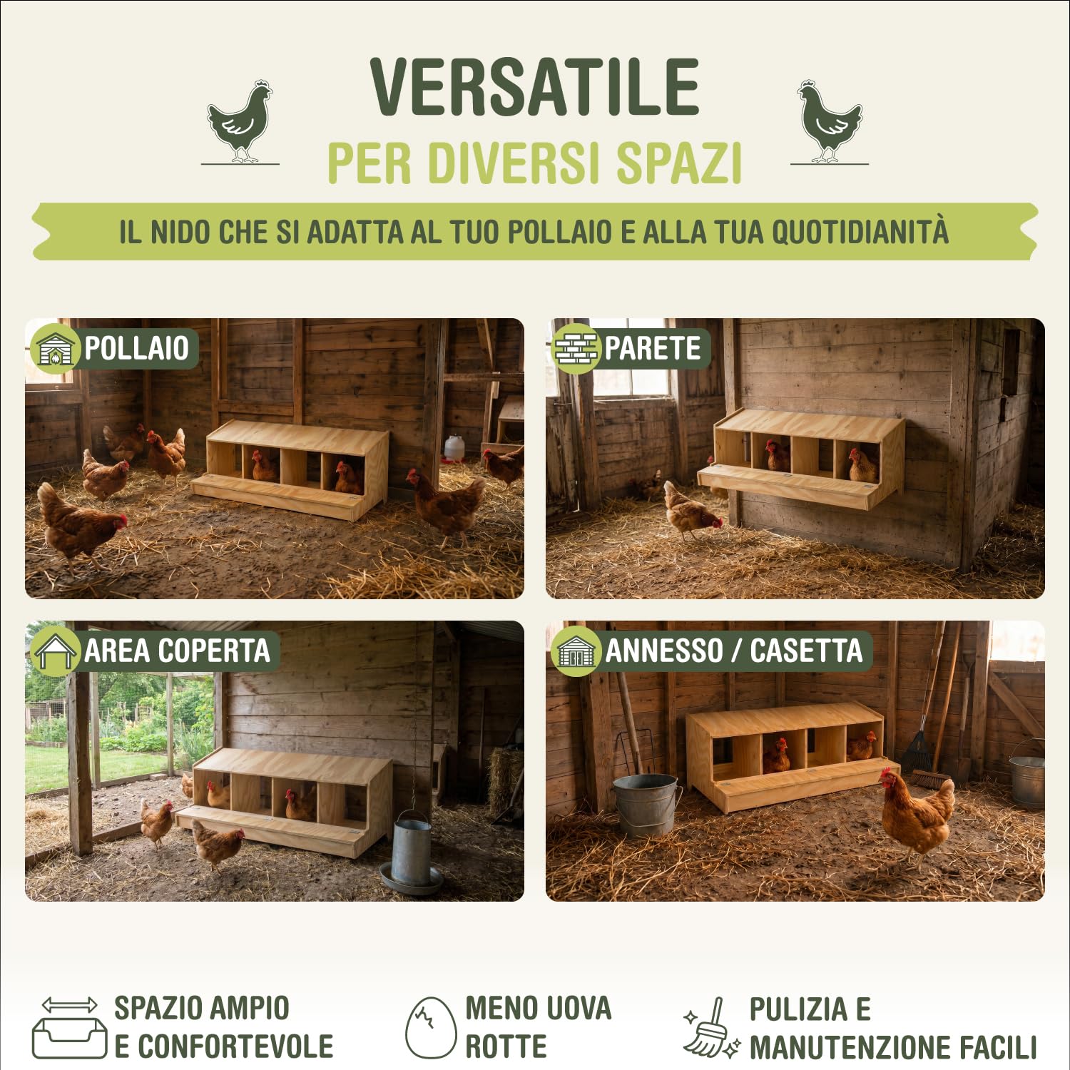 Portabiancheria in legno con 4 dipartimenti per galline