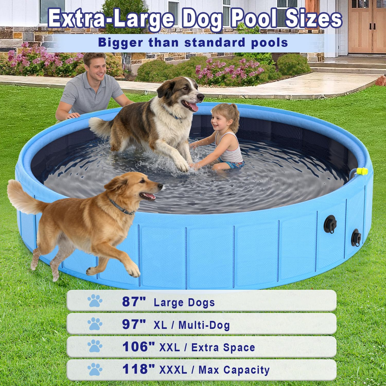 Foldable Dog Pool with Sprinkler, 87'' Extra Large Non-Slip Dog Swimming Pool, 2-in-1 Outdoor Backyard Pet Bathing Tub with Drain Plug for Dogs Kids Pets Ducks