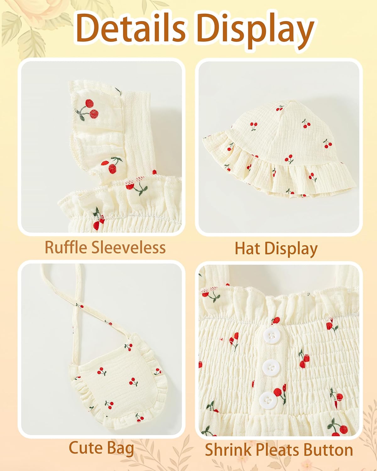 Vibebox Baby Girl Ruffle Sleeveless Dresses Newborn Girls Summer Button Dress Birthday Gifts Clothes with Cute Hat and Bag - Image 6