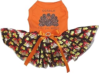 Petitebella Brown Gobble Turkey Till You Wobble Puppy Dog Dress (Orange/Brown Turkeys, XX-Large)