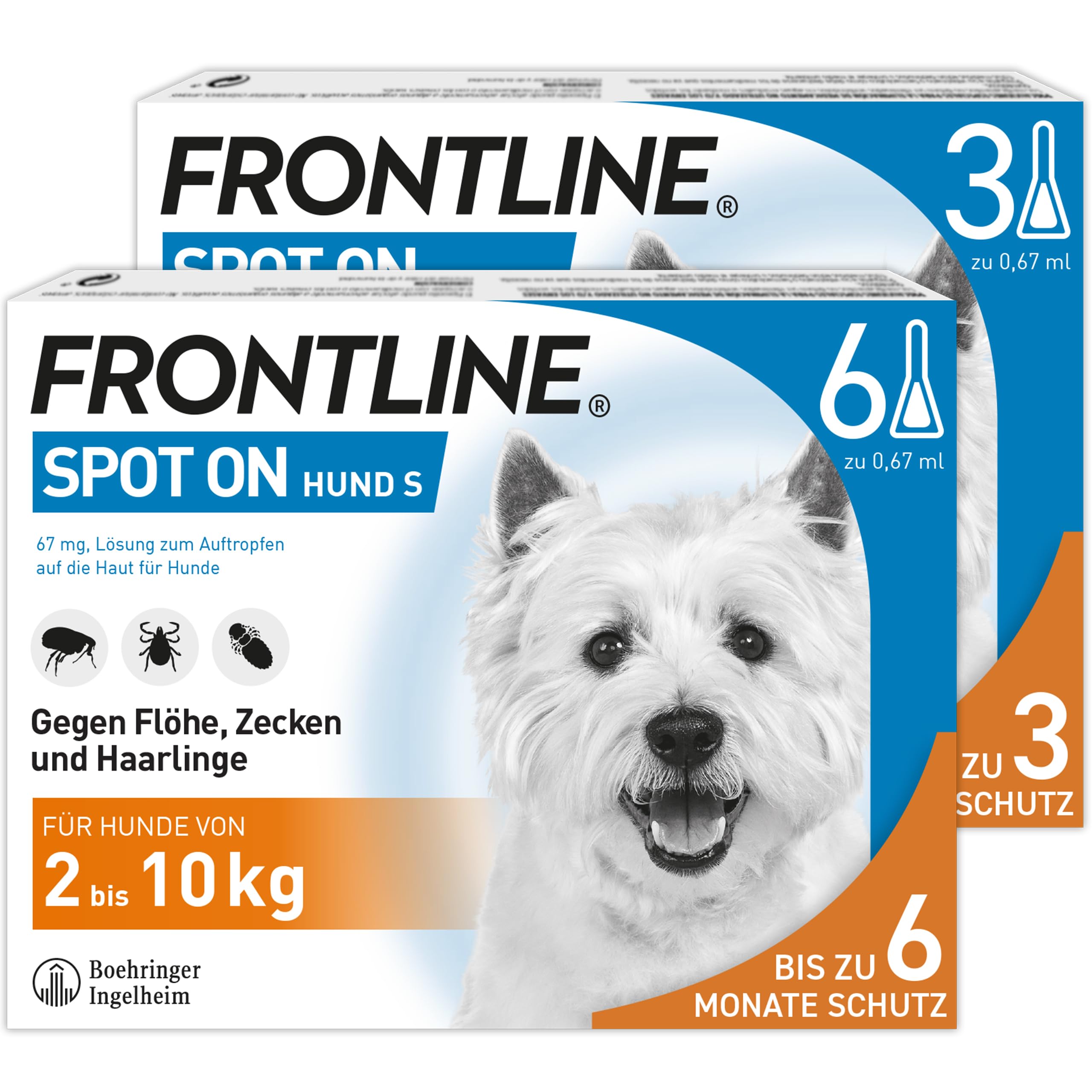 FRONTLINE Spot ON Hund S gegen Zecken, Flöhe & Haarlinge (2 bis 10 kg) | 6+3 Pipetten (2er Pack) für bis zu 9 Monate Schutz - einfache Anwendung, gute Verträglichkeit - wasserfest - kleine Hunde