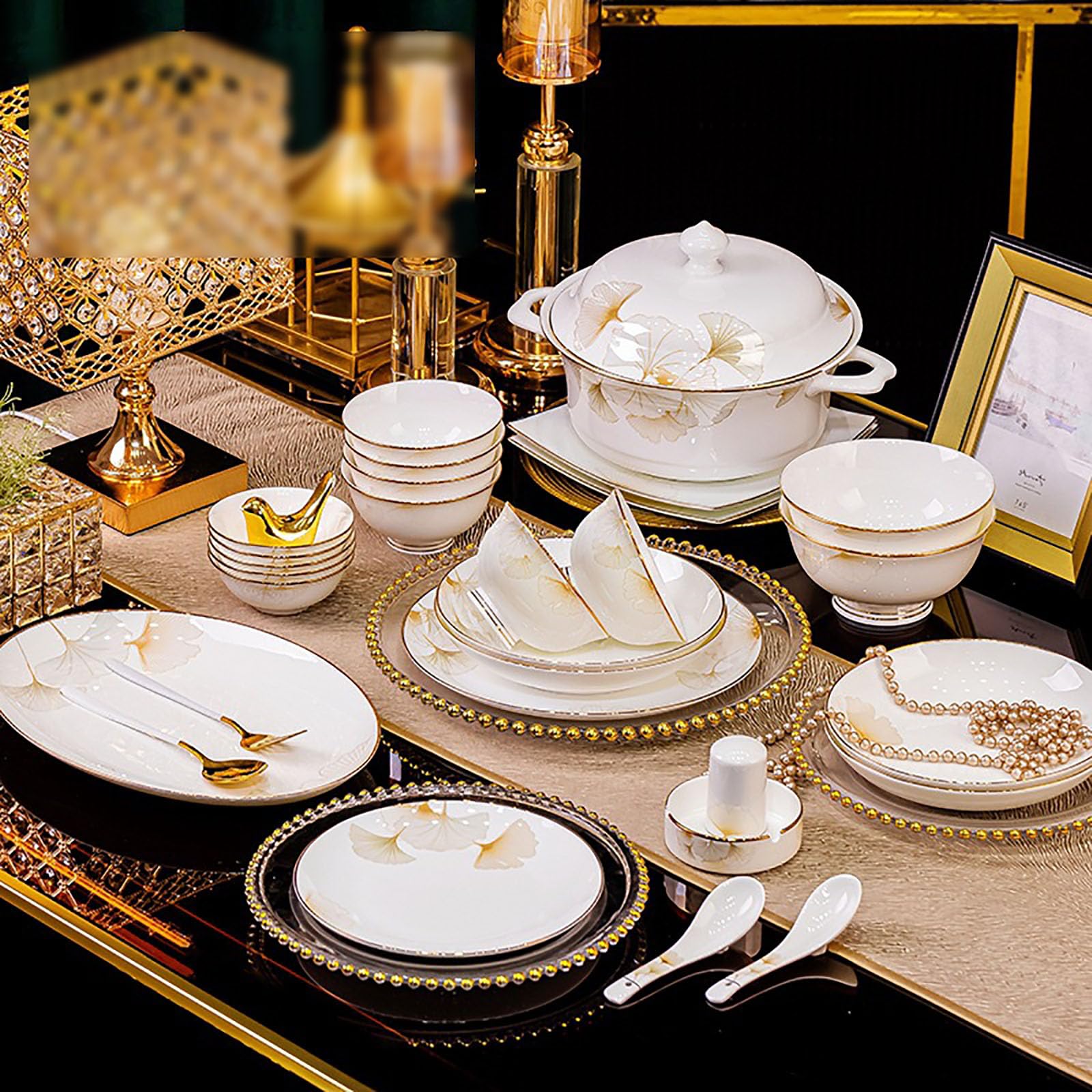 Amazon.co.jp: 食器セット ボーンチャイナ 銀杏の葉模様 62ピース