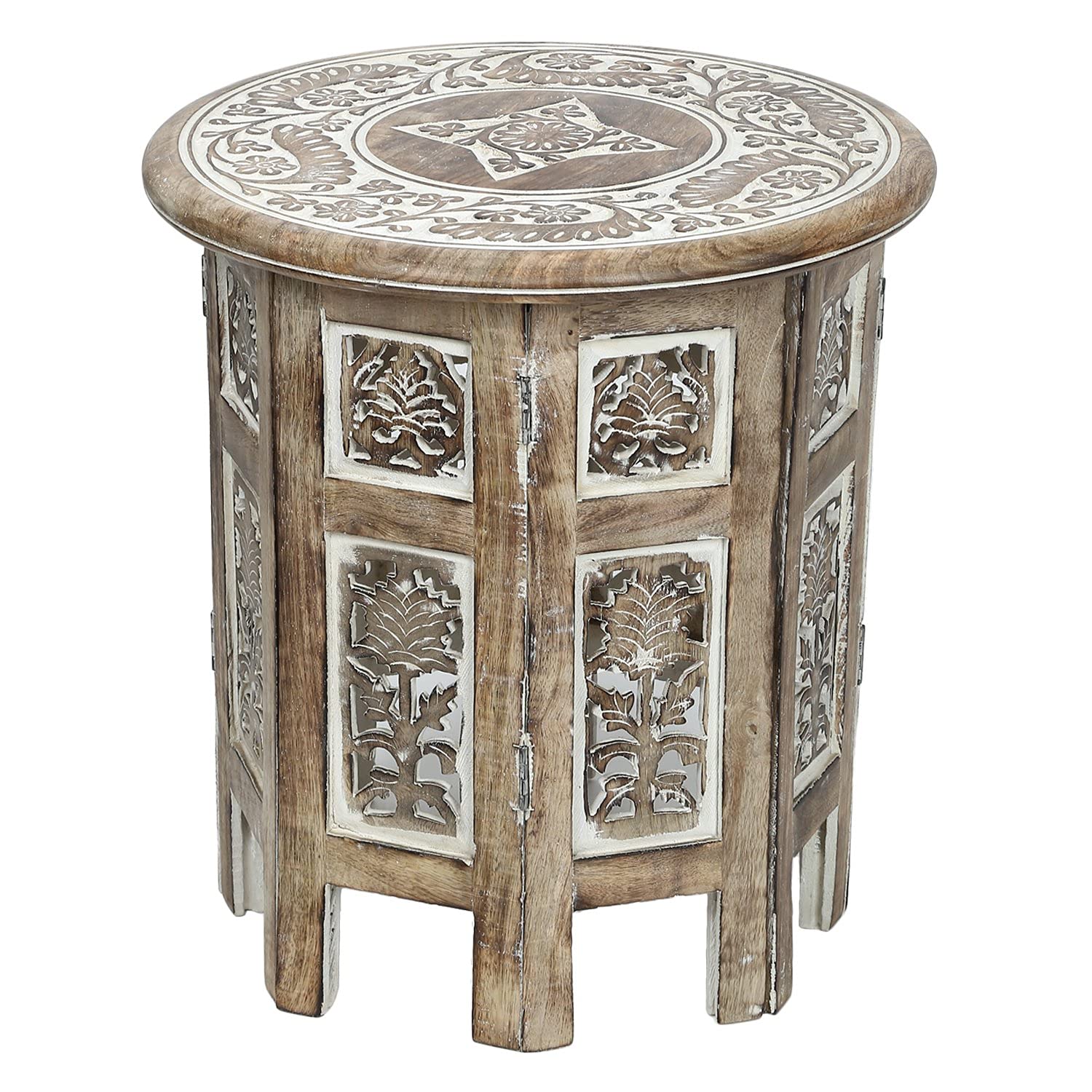 Aisha Craft House Small Rustic Wood Table Round White Side end Carved Indian Coffee Accent