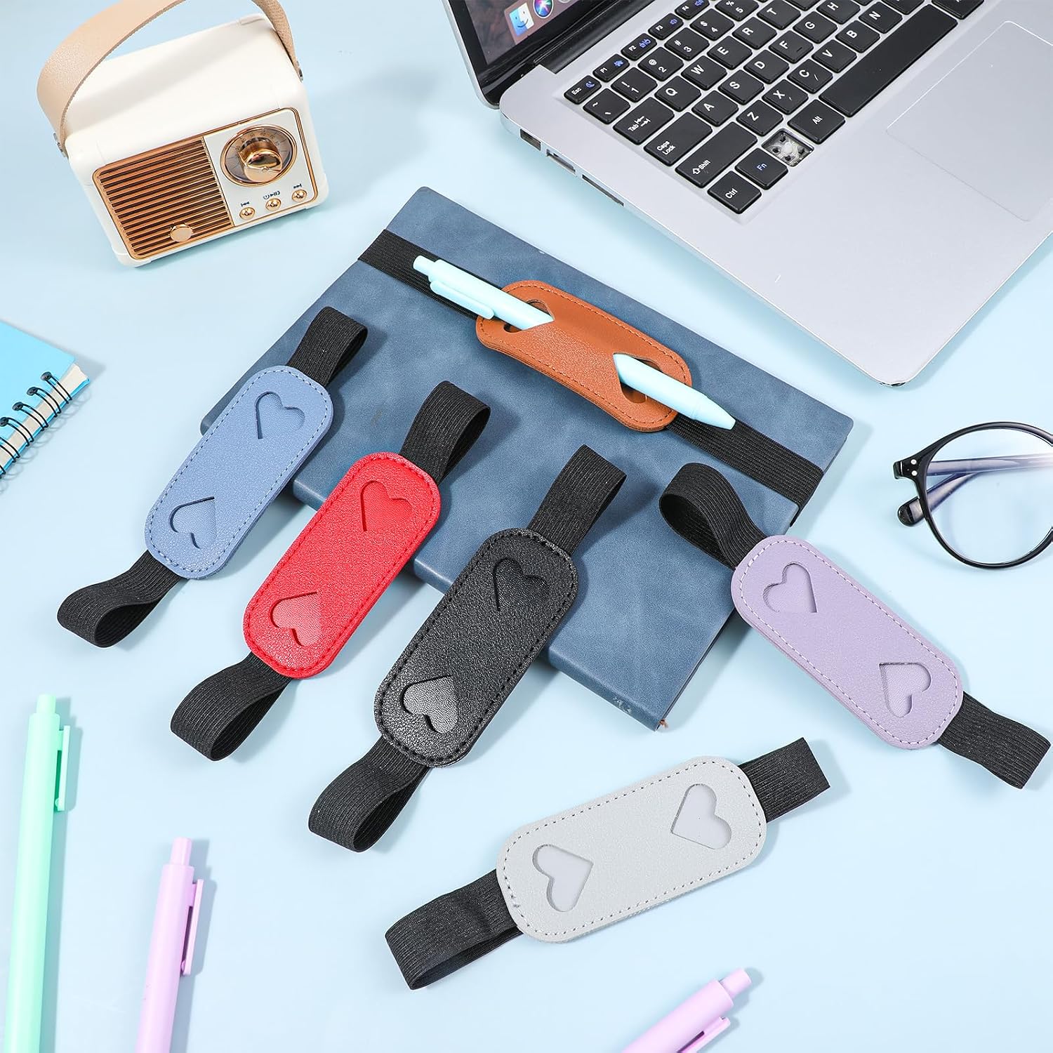 Yuanchu 6 Pcs Pen Holder for Notebook Journal Planner, Adjustable Elastic Bands PU Leather Pen Holder Straps for Journals Planners Binders, Fits 7-11 Inch Books image 5