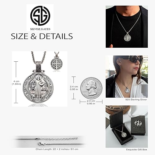 Miniatura 5 de bysilvergates Religious Collection - Men's 925 Sterling Silver Pendants St Christopher, St Michael, St Benedict - Timeless Faith-Inspired Necklaces