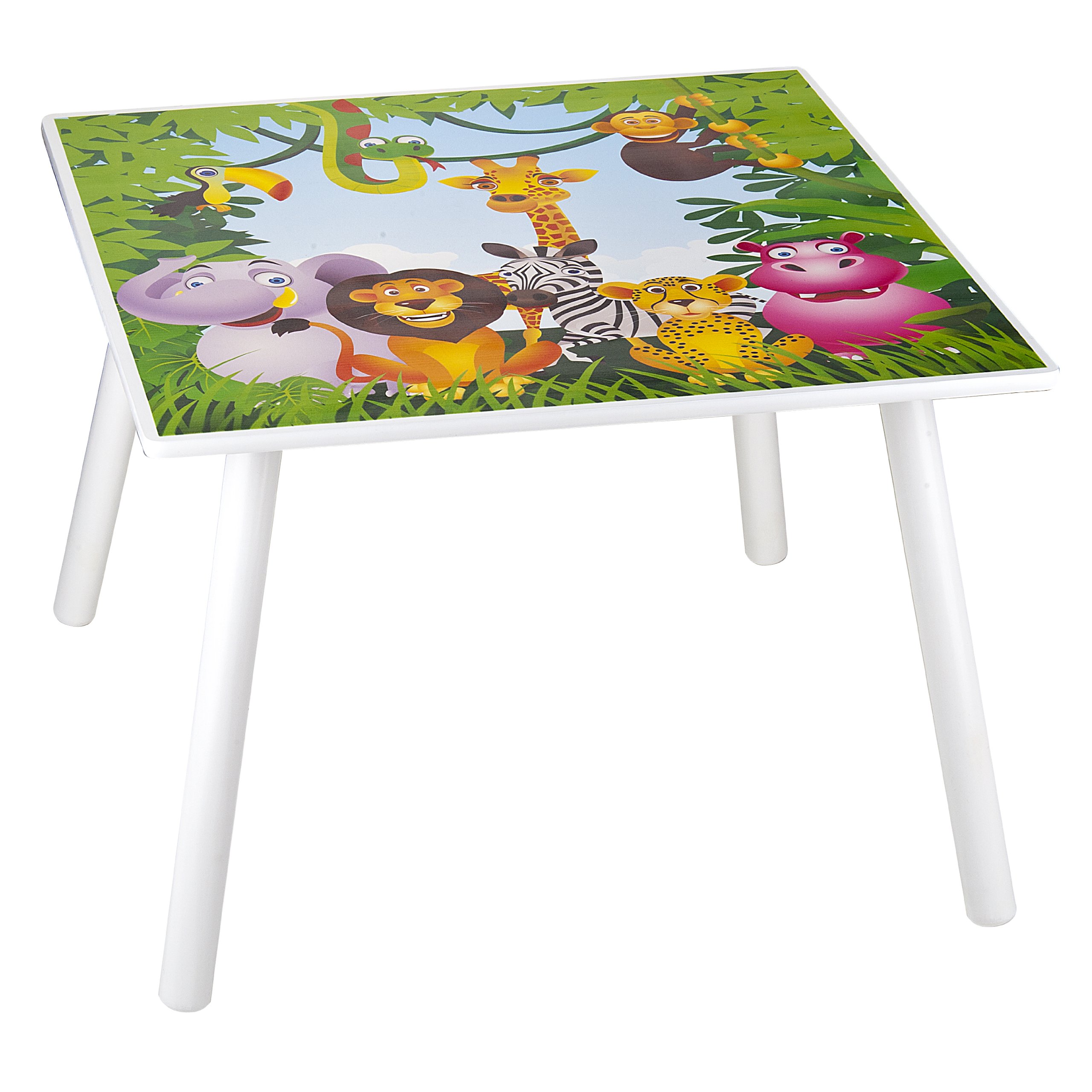 Leomark Table et 2 chaises Table pour Enfants Petit Bureau Couleur Blanc avec Motif Jungle Animaux Dimensions: L 60 x L 60 x H 42 Durable, Multiusage et Facile à Installer
