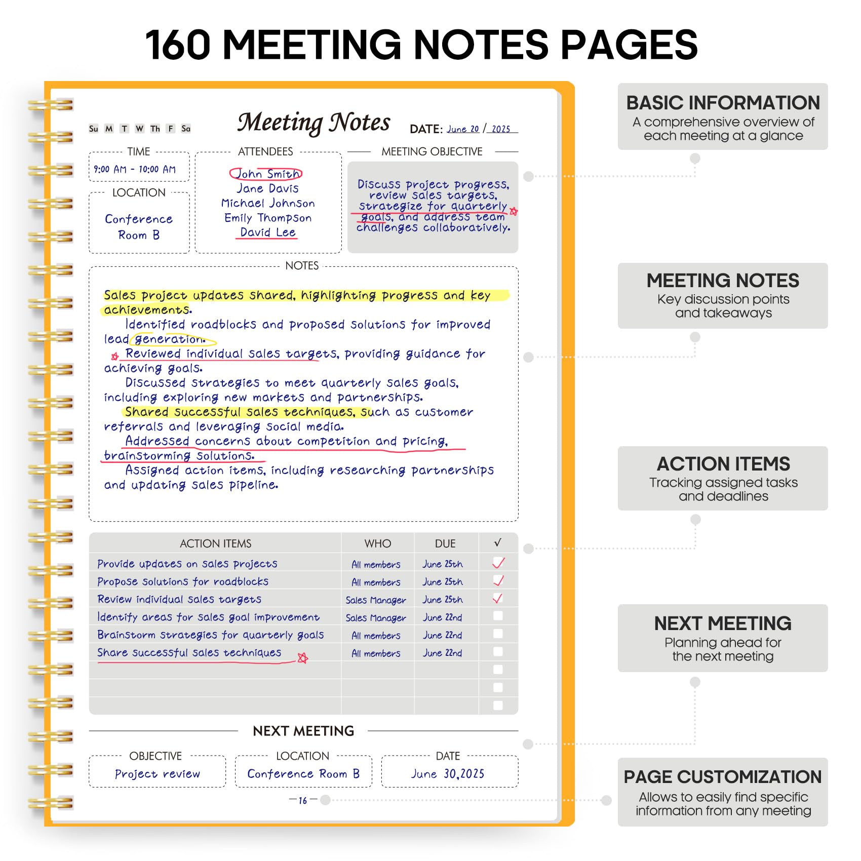 Quaderni per Riunioni 160 Pagine - Organizzatore Progetti - Dettaglio