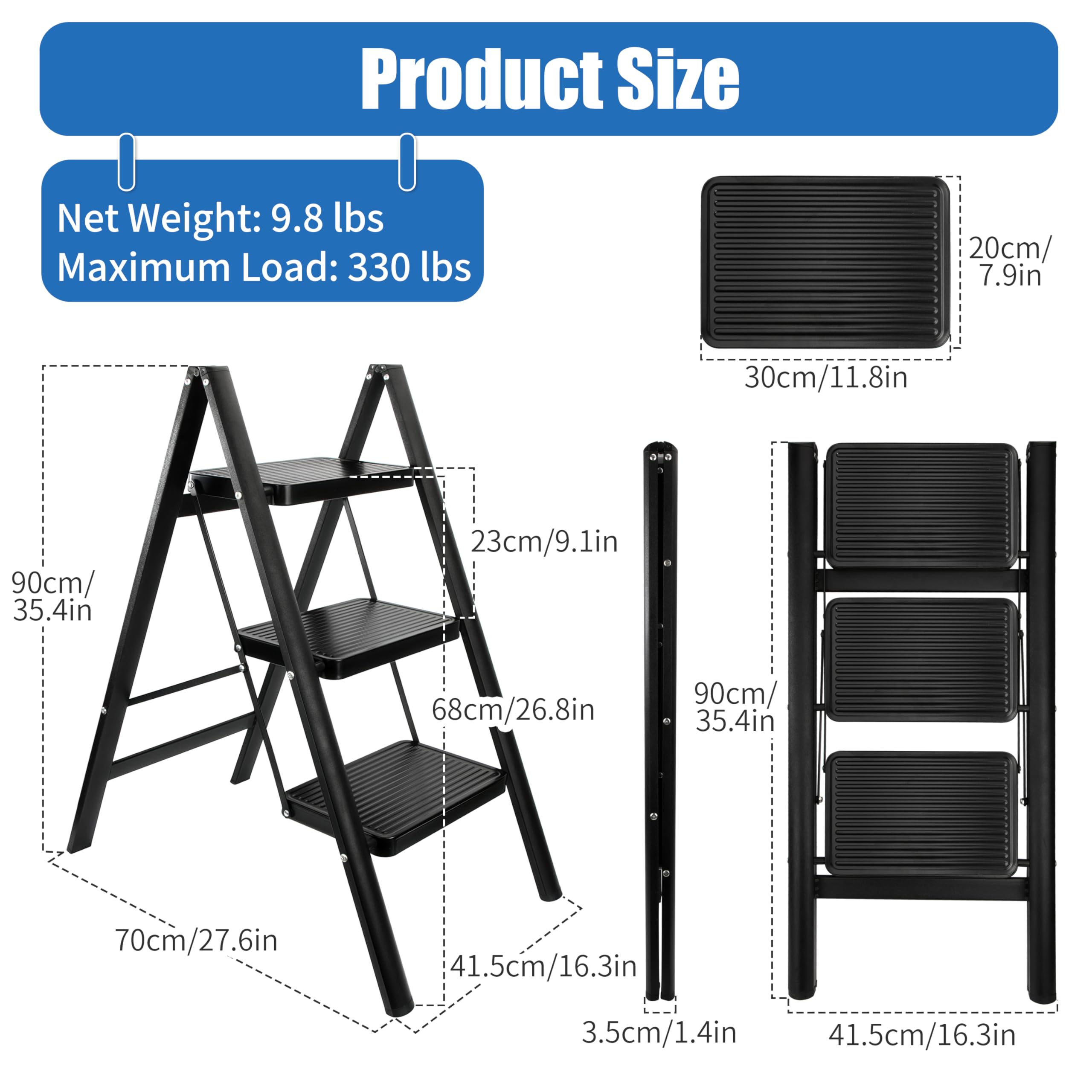 Escabeau Pliable 3 Marches, Tabouret de Marche Pied Acier au Carbone Pliant avec Pédale Antidérapante, Léger et Portable pour Bureau et Cuisine, Charge Maximale 150 kg (Noir)
