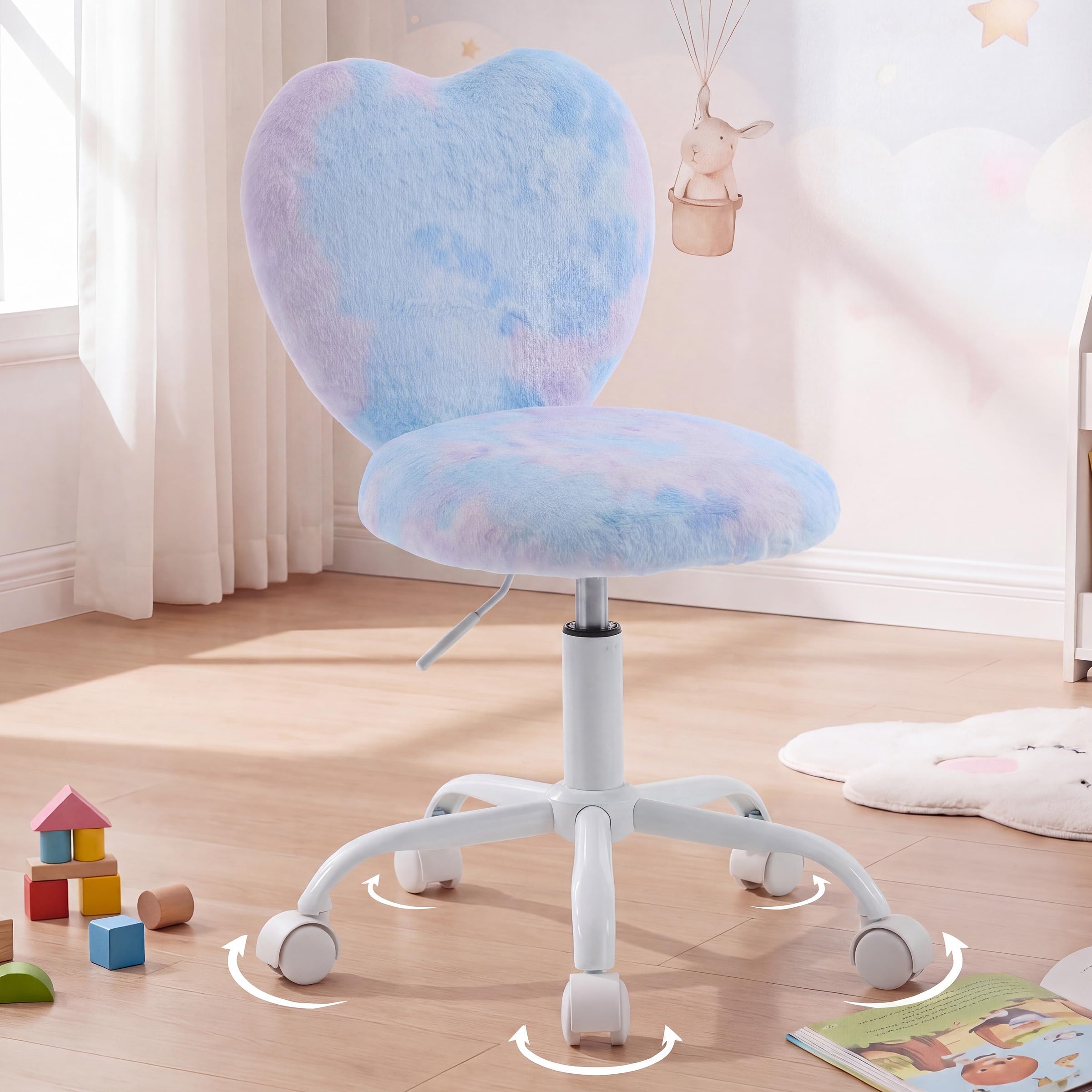 Kids Desk Chair Girls Students Study Chair Adjustable Computer Chair Furry Swivel Office Reading Chairs Child Cute Heart Back Chairs for Home/Bedroom/School/Dorm/Vanity, Blue