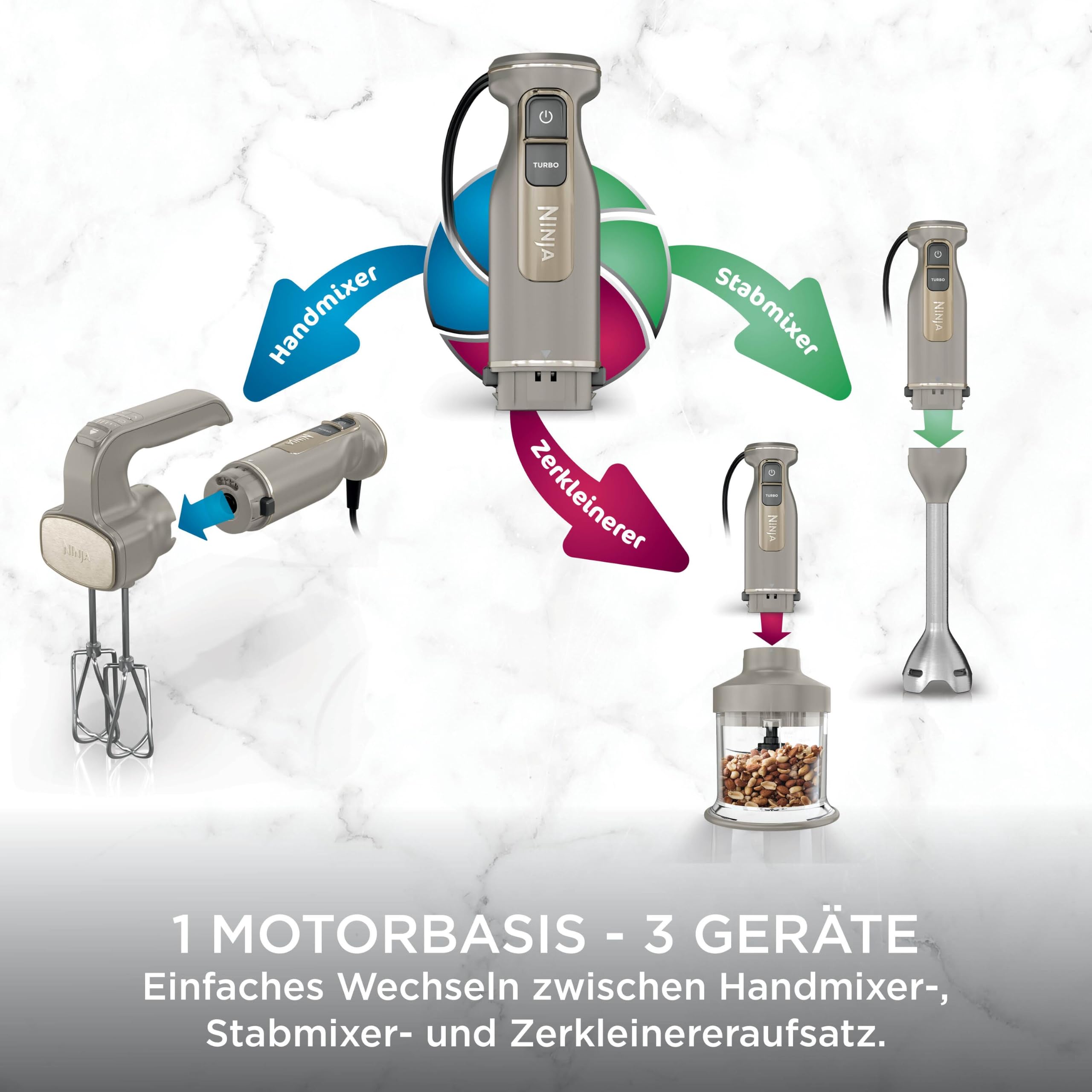 Ninja Foodi 3-in-1 Stabmixer Stufenweise Anlauf, 2 Misch-und 5 Rührgeschwindigkeiten zum Zerkleinern, Mischen, Kneten und mehr, spülmaschinenfest, Stone Gold CI100EUSTGD