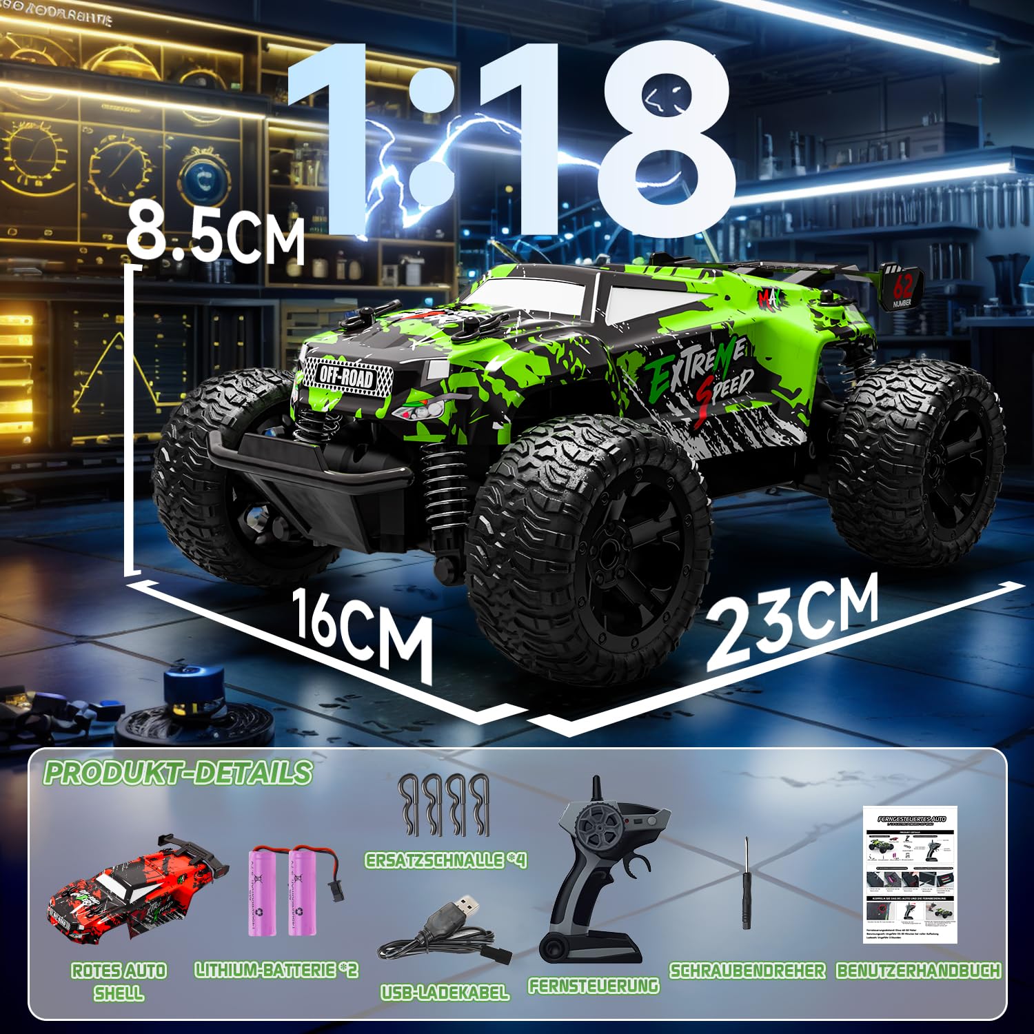 Monstertruck zdalnie sterowany, 1:18, samochód od 3 lat, 25 km/h, zdalnie sterowany monster truck ze światłem karoserii/dwie obudowy, 2,4 GHz Monster Truck zdalnie sterowany od 4, 6, 8 lat, dla dzieci