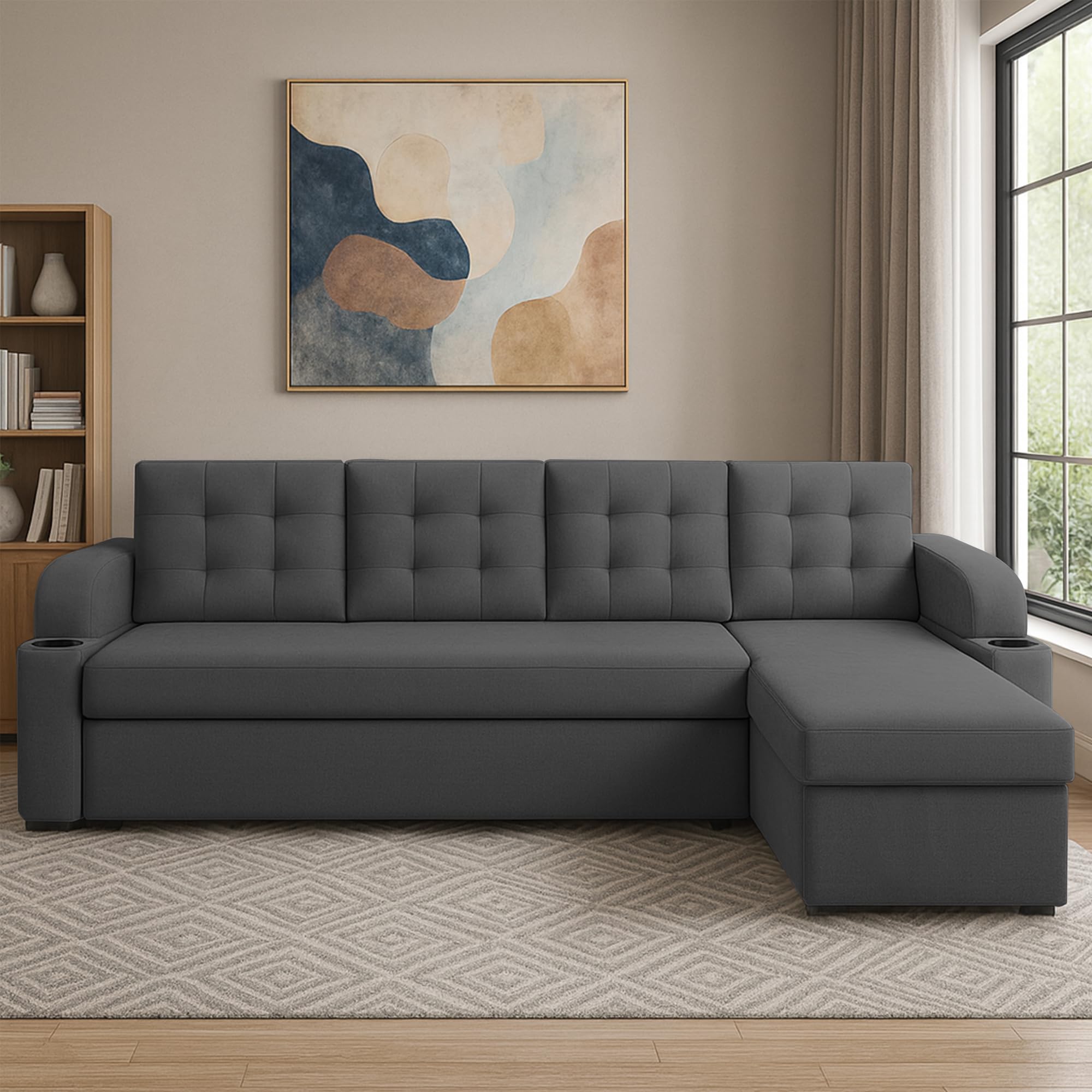 Casaliving Grance RHS 6 Seater Corner Sofa Cum Bed for Living Room (Dark Grey Fabric) Premium Fabric Sofa-image-13