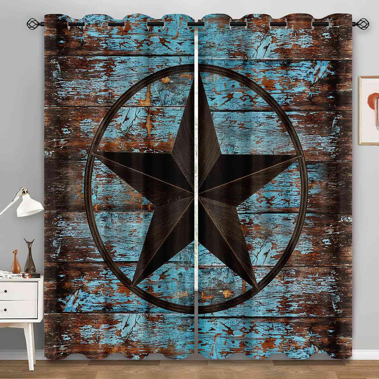 LUVIVIHOME Rustic Farmhouse Curtains, Western Texas Star Blackout Curtains for Living Room Bedroom, Country Vintage Blue Wooden Board Barn Door Room