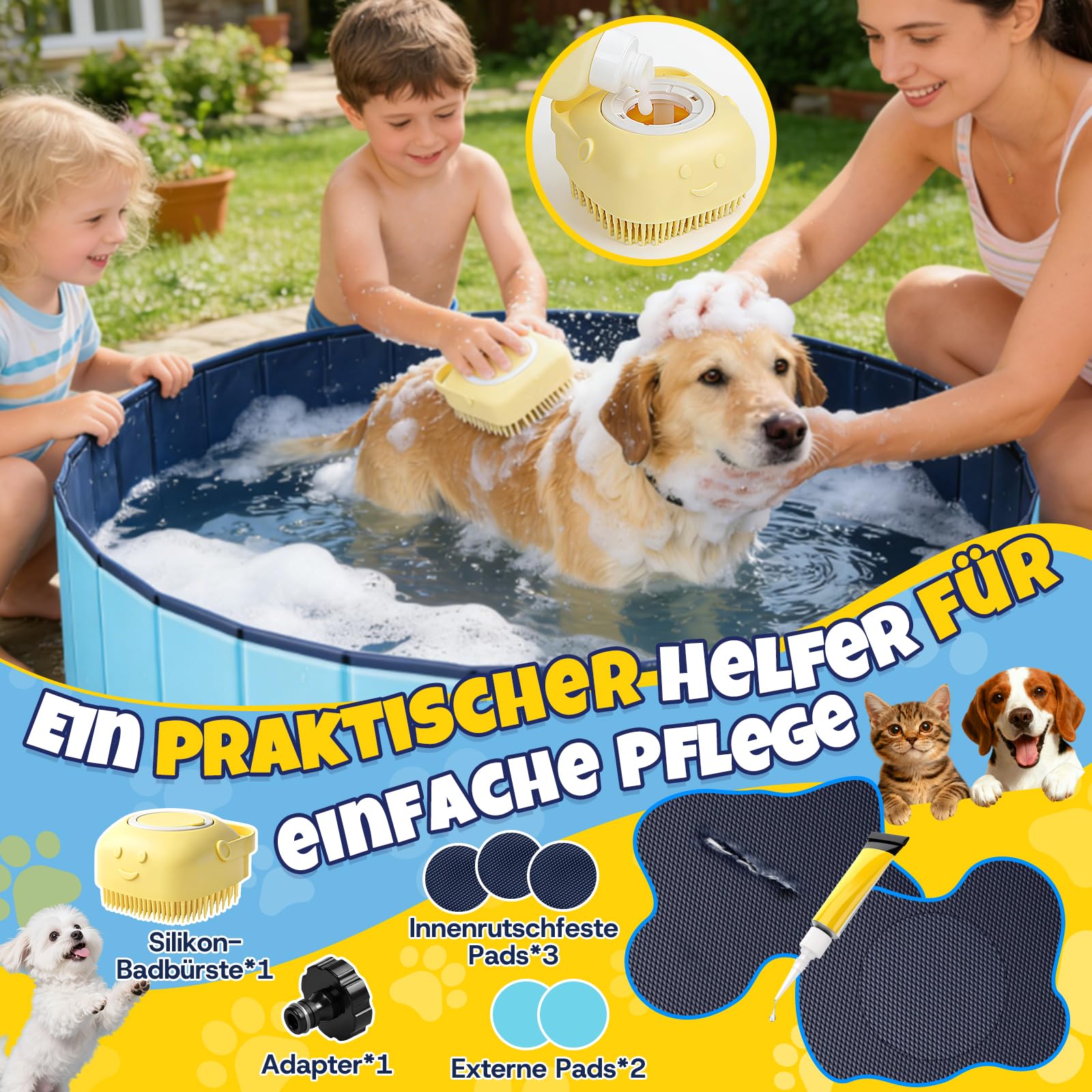 JONRRYIN Hundepool 160 x 30cm, Faltbare Hundeplanschbecken für Große & Kleine Hunde, rutschfeste und Verdickt Hunde Pool mit Badebürste, Flicken und Ablassventil für Katzen und Kinder