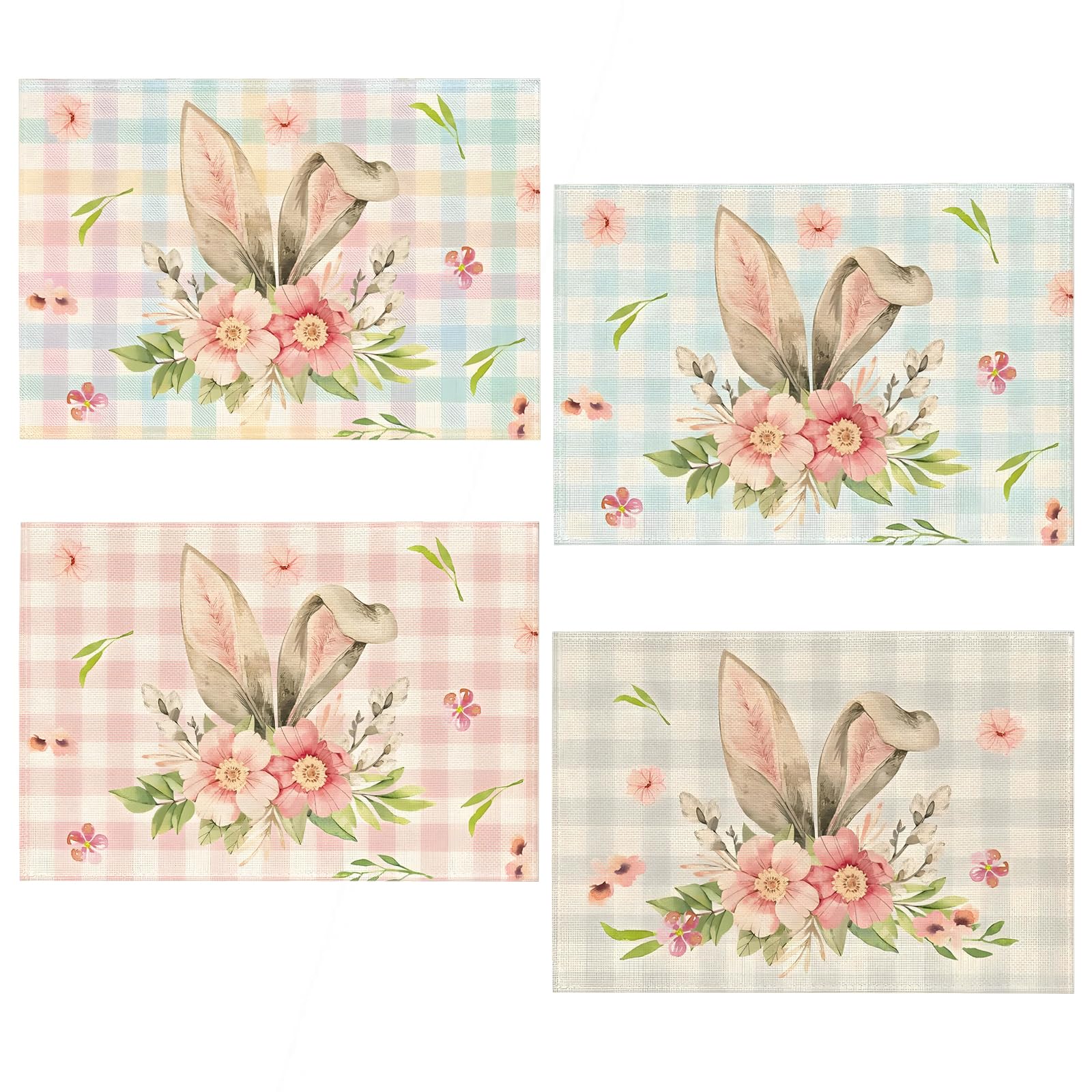 Easter Buffalo Plaid Bunny Ear Floral Placemats Set of 4, Linen Rabbit Place Mats, Colorful Seasonal Spring Table Mats