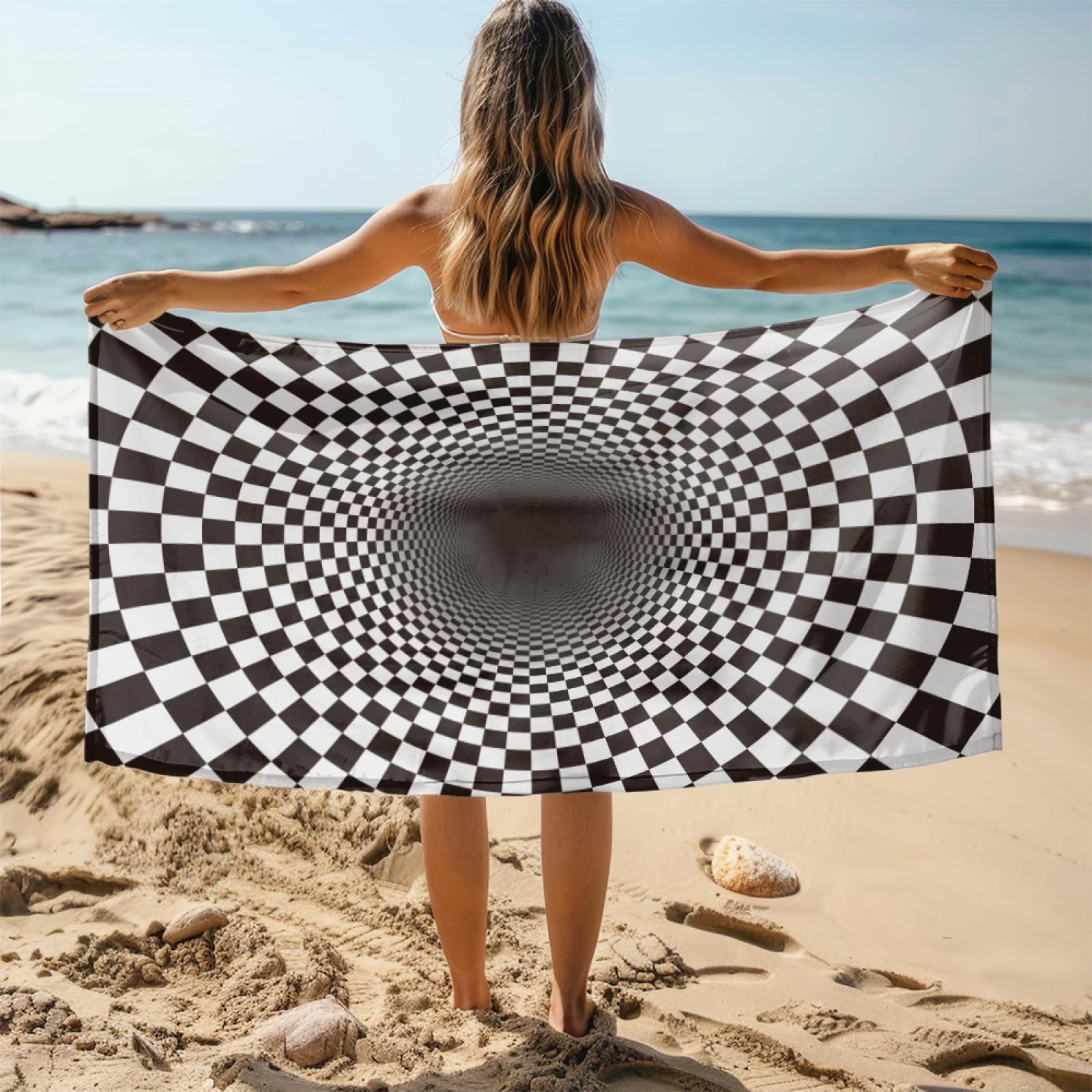 Serviette de PiscineMosaïque Noire Blanche Serviette Fouta Plage Stylée Personnalisée pour Adultes, Légère Séchage Rapide Anti-Sable, Adaptée Aux Voyages,Yoga et Vacances 100x180 cm